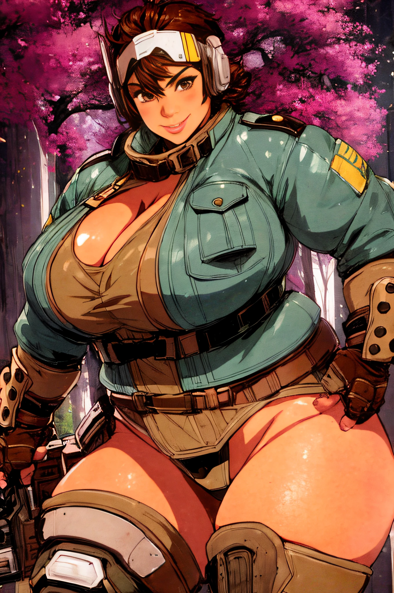 Vantage, brown eyes, short brown hair, VanGear, fingerless gloves, blue jacket, boots, armor, huge breasts, cleavage, muscular, thick, muscular arms, bbw, gigantic breasts, massive breasts, flirty, thick thighs, looking at viewer, seductive, wide hips, flaunting, smile, (insanely detailed, beautiful detailed face, masterpiece, beautiful detailed eyes, best quality)