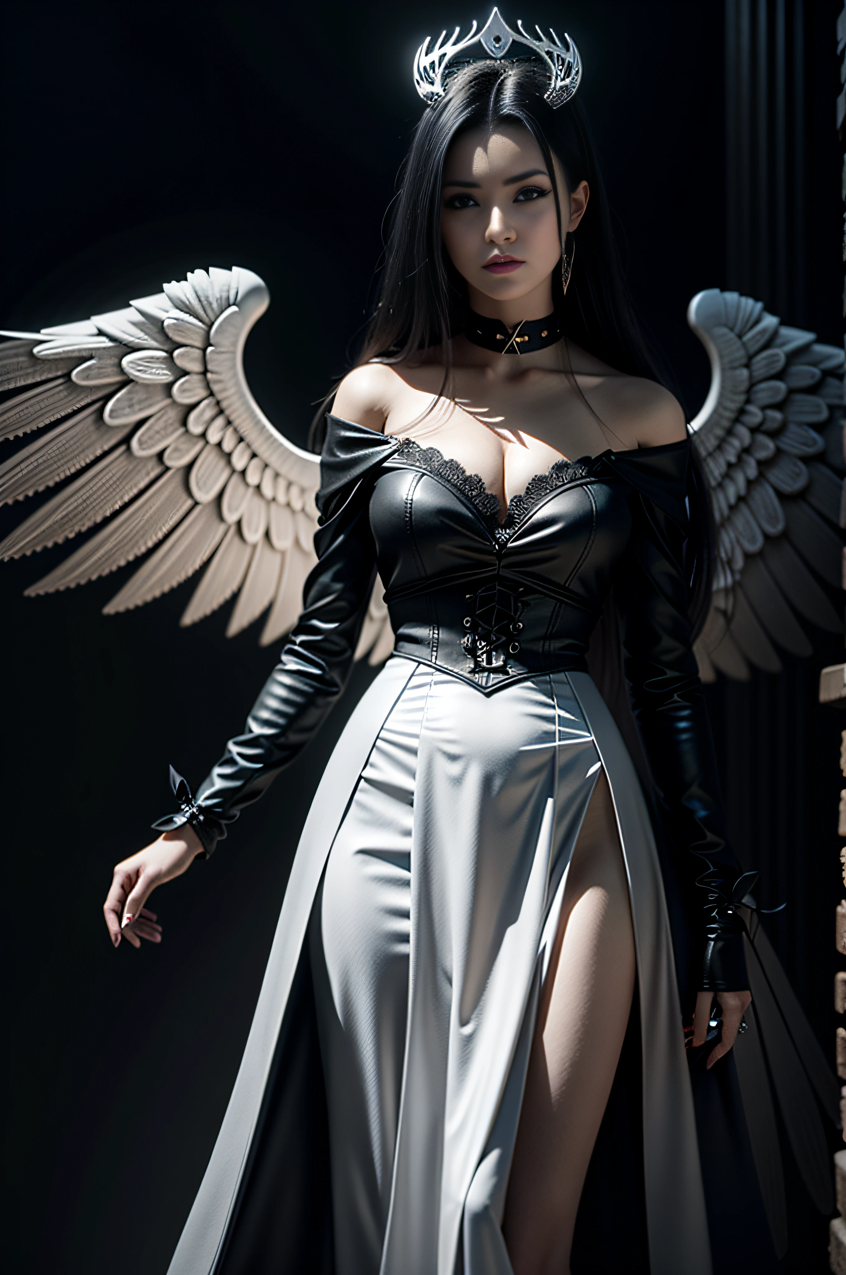 arafed woman dressed in a black and white outfit with wings, villainess has black angel wings, full - body majestic angel, raven winged female vampire, dark angel, angel knight gothic girl, tall female angel, angel with black wings, unreal engine render + a goddess, 3 d render character art 8 k, epic angel wings, full body cgsociety