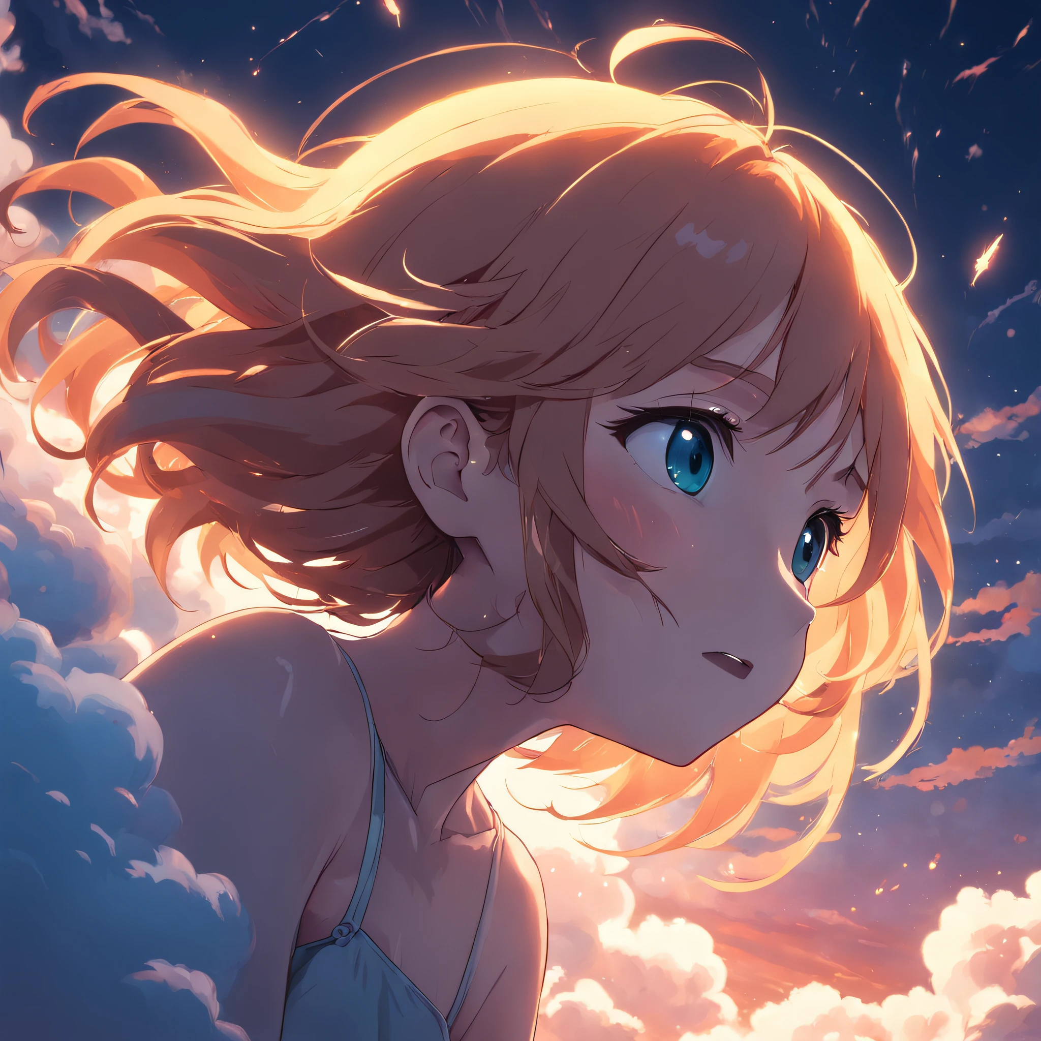 masterpiece, best quality, movie still, 1girl, cloud girl, floating in the sky, close-up, bright, happy, warm soft lighting, sunset, (sparks:0.7)