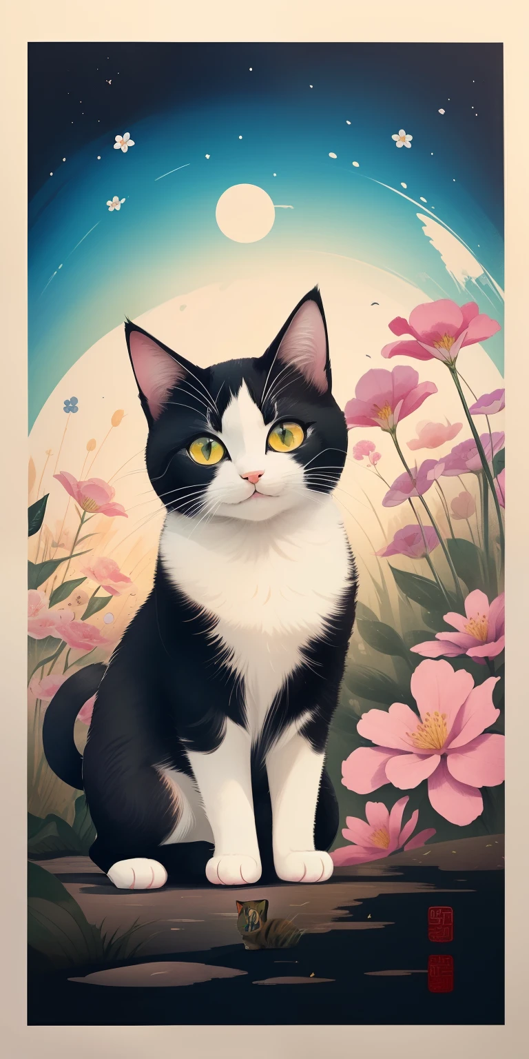 (Masterpiece, best quality: 1.2), shukizuma, negative space, shuimobysim, ink painting, colorful colors, traditional Chinese, cute little cat playing flowers, peaceful, (smile), looking at the scenes, color saturation, bright colors