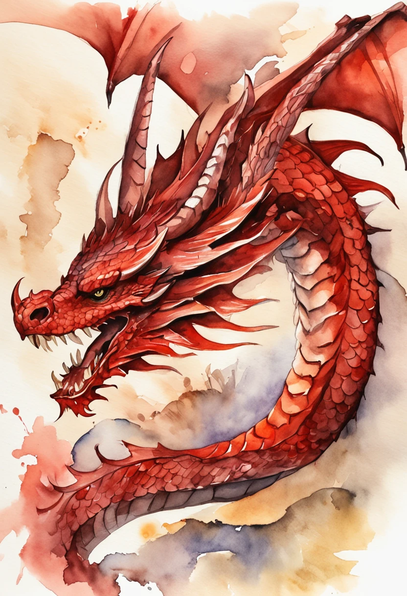 best quality, a gorgeous water color art of a wyvern crimson red dragon, intricately detailed, (best shadow), elegant, volumetric lighting