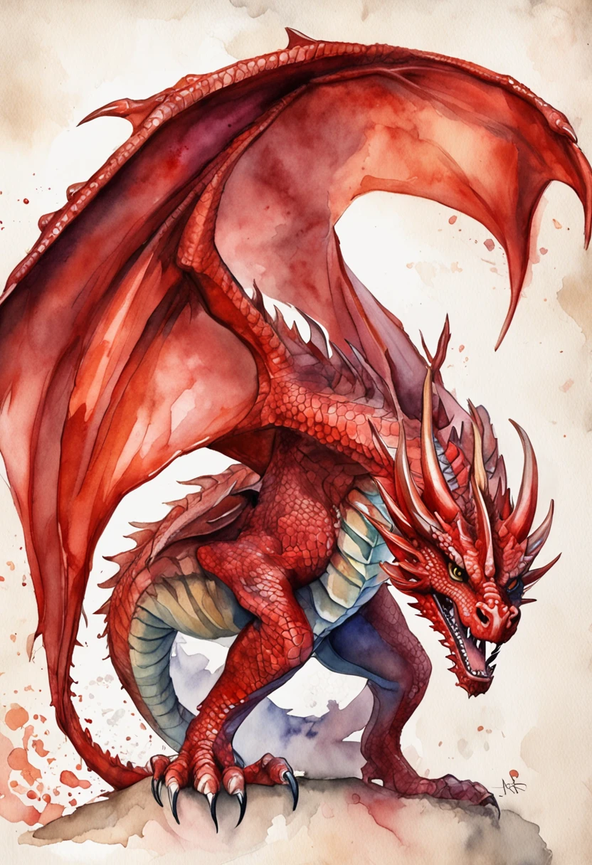 best quality, a gorgeous water color art of a wyvern crimson red dragon, intricately detailed, (best shadow), elegant, volumetric lighting