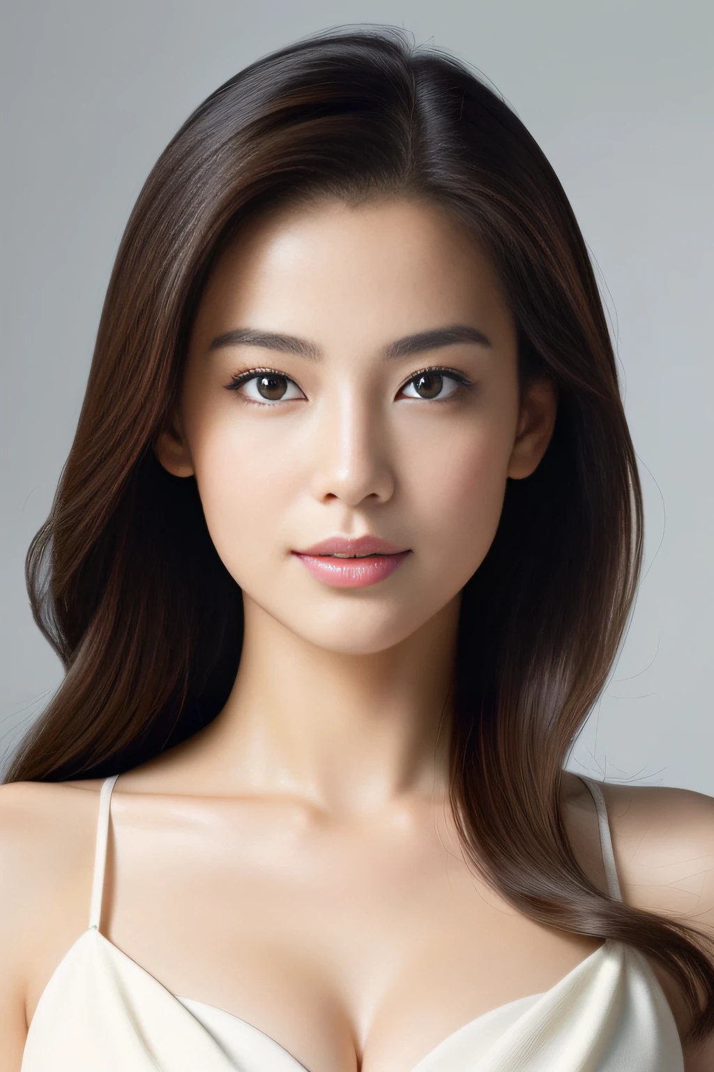 ((Beautiful)+nerd:0.8+cute:0.9) asian_woman, 18_years_woman, young_facial_feautures, (short_head:1.5 round_face:1.5), long_hair straight_hair (black_hair:1), symmetric_eyes:1 monolid_eyes:1 large_eyes:1.2 short_eyes:1.2 eye_wings:0.8 brown_eyes:1.5 mahogany_brown_eyes:1, double_eyelid:0.8, small_eyebrows:1.5 rounded_eyebrows:1.3, (tanned_skin:1.3), european_nose:1 delicate_nose:1.2, young_gorgeous_woman, feminine_cheeks large_cheeks:1.3 round_cheeks:1.2 cheek_dimples:0.9, small_lips:1.4 pink_lips:0.9, most_beautiful_woman (1Woman:1.5, (Masterpiece, 8K, best quality, highres:1.5), (three_quarter_shot:1.5, looking_at_viewer:1.5, body_looking_at_viewer:1.5), white_photoshoot:1, white_room:1, white_backdrop:1.5, standing, neutral_body_posture:1.5, (neutral_facial_expression:1.5, closed_lips:1), wearing white_strapless_mini_dress), slender_body:1, short_body:1, (big breasts:1.3)