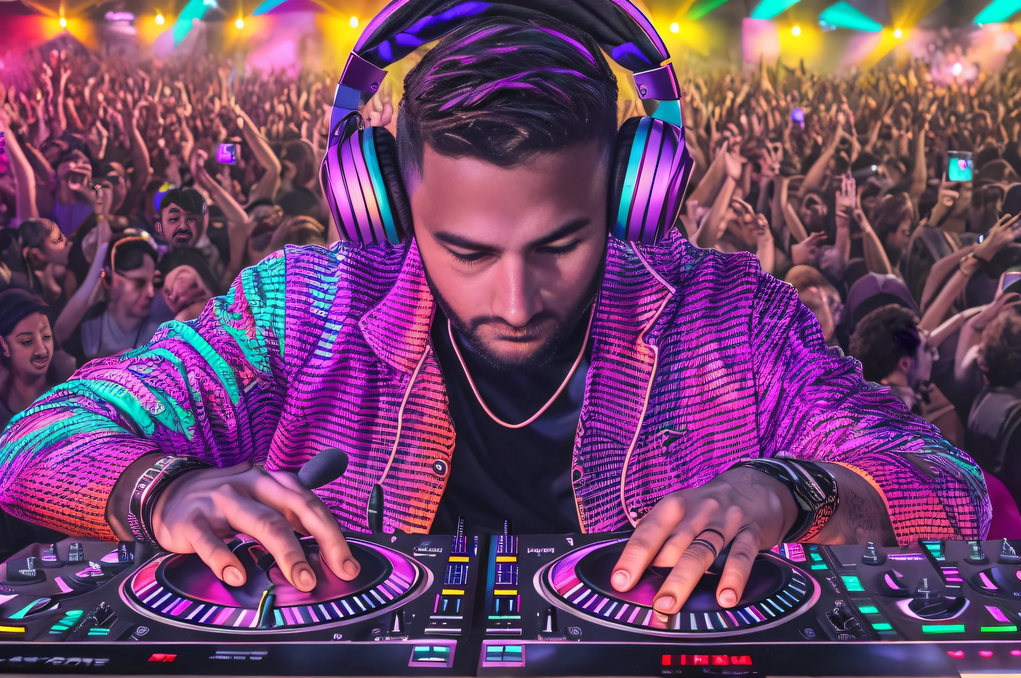 (best quality)), ((super detailed)), ((masterpiece)), photo,(DJ with headphones and microphone:1.4), performing at a vibrant (music festival:1.2) with (energetic crowd:1.1) and (colorful stage lights:1.1).