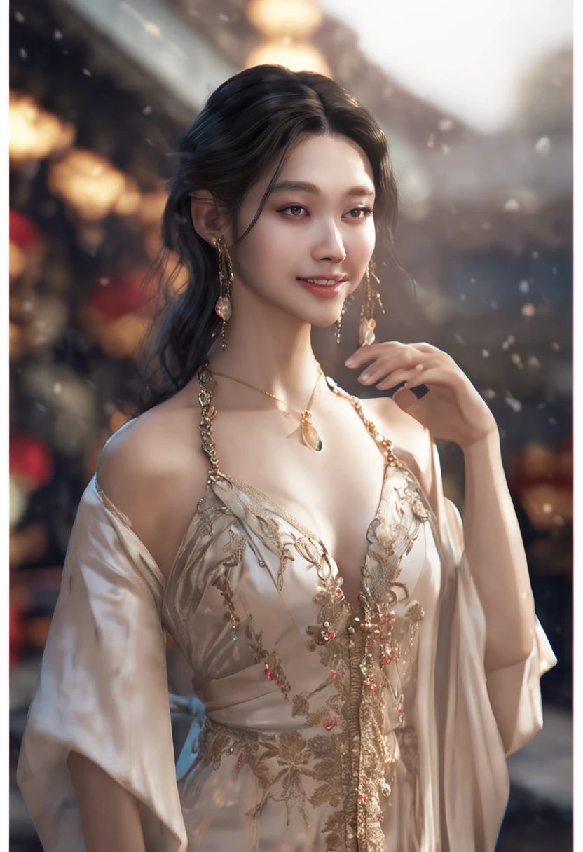 best quality, masterpiece, highres, 1girl, transparent silk china dress, beautiful face, hair ornament, looking at viewer, smile, closed mouth,lips, dress,hair ornament, necklace, jewelry, long hair, earrings, Beautiful face,upon_body, tyndall effect,photorealistic, dark studio, rim lighting, two tone lighting,(high detailed skin:1.2), 8k uhd, dslr, soft lighting, high quality, volumetric lighting, candid, Photograph, high resolution, 4k, 8k, Bokeh