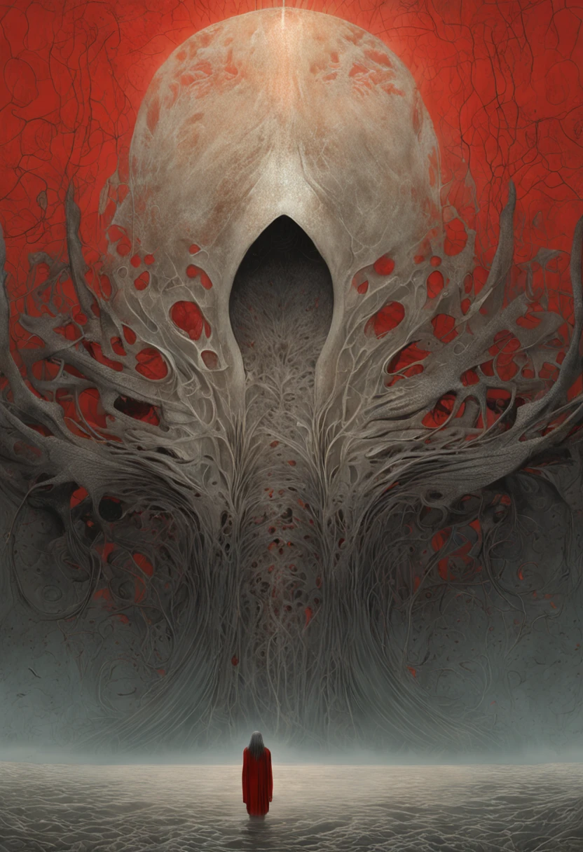 (Masterpiece, Best quality), 1lady, Solo, (White scales, Squamous bodies), Halo, Wings,Fallen Angel, Black hair, Loose waves, Red eyes, (Dragon, The art of Hermann Nitch, Zdzislaw Beksinski, Dariusz Zawaziki, Giger)，Realistic:1.5