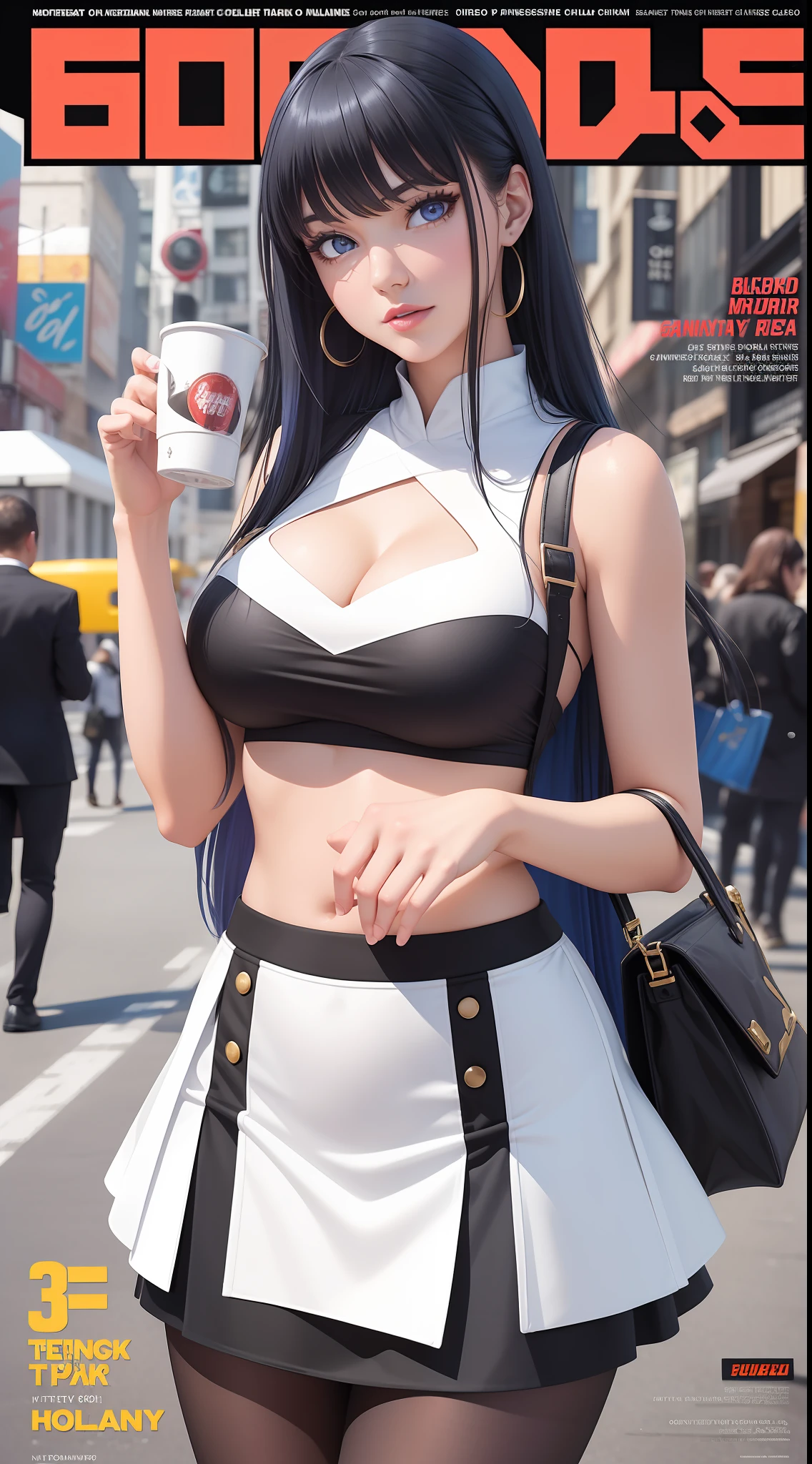 (best quality), (ultra detailed), ((masterpiece)), sfw,consored,illustration, ray tracing,1girl, solo, looking at viewer, glossy skin, contrapposto, female focus,model, big breasts, (hot:0.7),
///////////////////
(ganyumilk, white and black skirt:1.2), (horns:0.8), long hair, blue hair, purple eyes, bangs, bag, bell, sidelocks, holding, cup
//////////////////////////
sexy, fine fabric emphasis,wall paper, crowds, fashion, Lipstick, depth of field, street, in public,(Magazine cover:1.2),(title),(Magazine cover-style illustration of a fashionable woman), posing in front of a colorful and dynamic background.  (The text on the cover should be bold and attention-grabbing, with the title of the magazine and a catchy headline). 3D modeling,photos,real world,pantyhose, noelle,