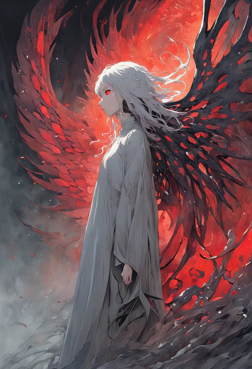 (Masterpiece, Best quality), 1lady, Solo, (White scales, Squamous bodies), Halo, Wings,Fallen Angel, Black hair, Loose waves, Red eyes, (Dragon, The art of Hermann Nitch, Zdzislaw Beksinski, Dariusz Zawaziki, Giger),Realistic:1.5