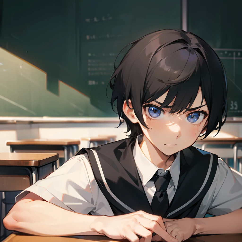 A boy with short black hair and a black school uniform,Stand in the classroom,The expression is serious