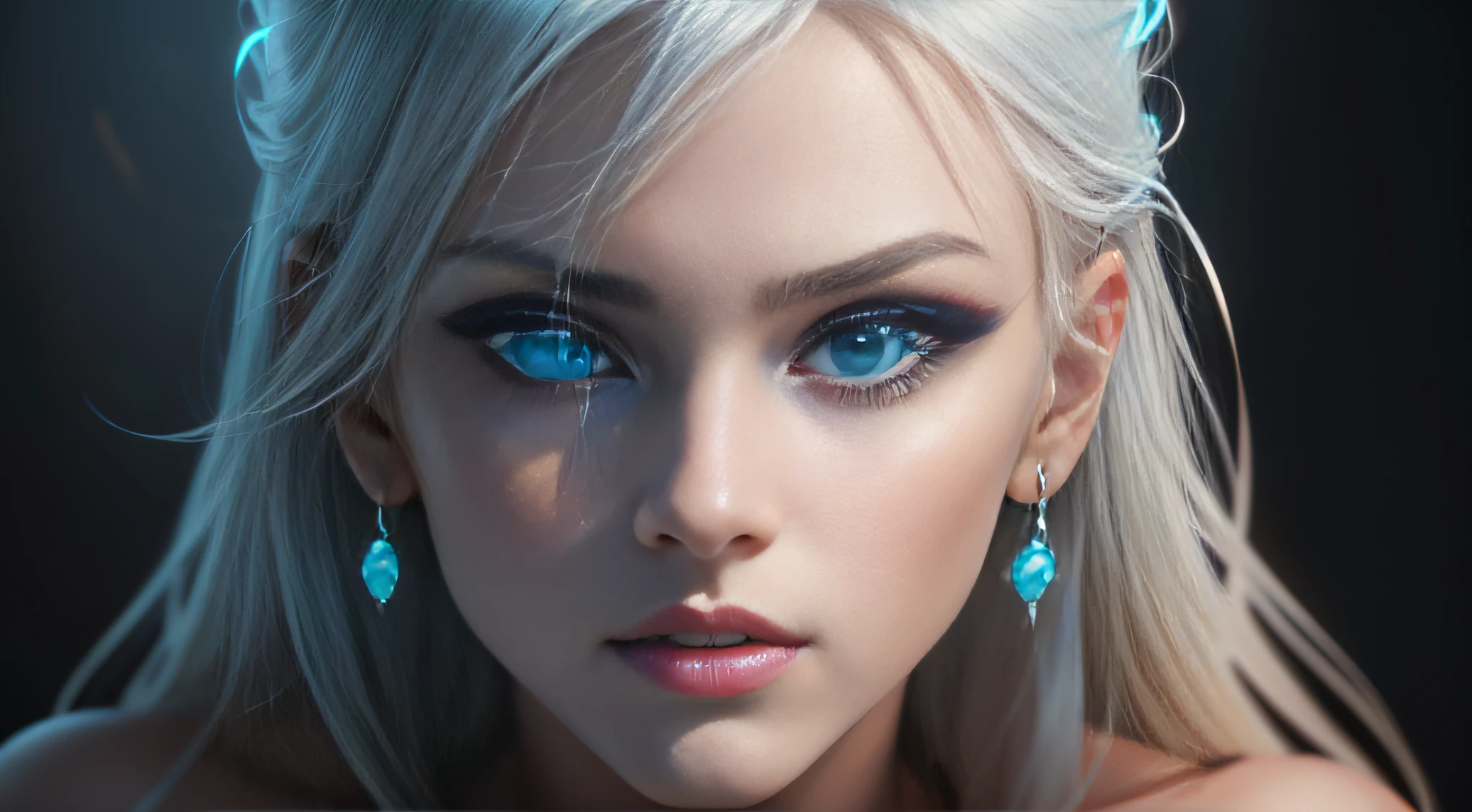 Glow, seductive, glowing blue eyes , platinum blonde , sexy , blue underwear (ultra photorealistic:1.3), (masterpiece:1.4), best quality, ((realistic)), high quality, ultra detailed, ((real image)), ((realistic skin)), ((realistic face)),(illustration:1.05), (beautiful:1.05), (beautiful detailed eyes:1.05), (cinematic light:1.1), turquoise blue detaches, model pose, , demonic ,evil