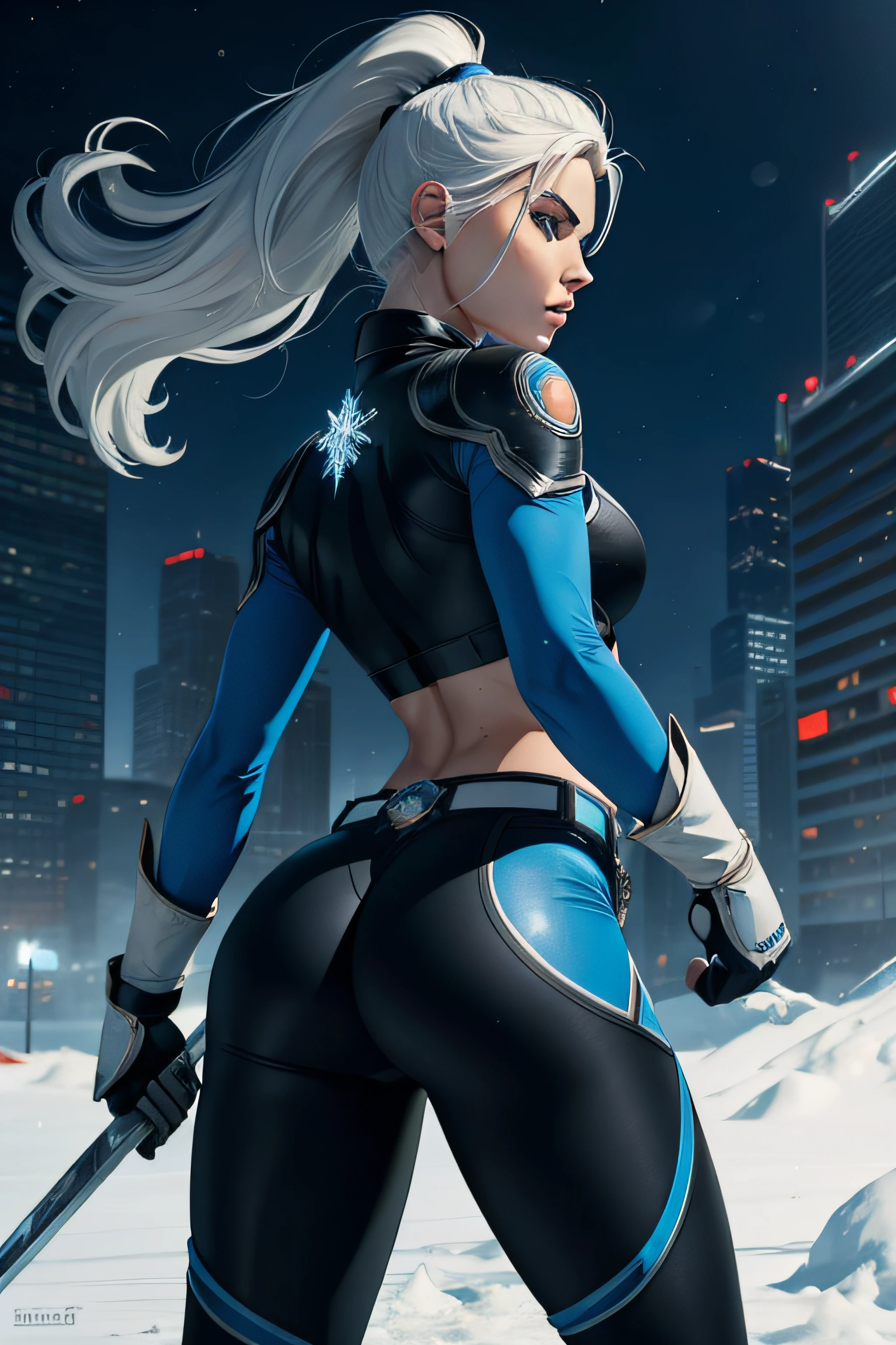 ((best quality)), ((masterpiece)), ((ultra realistic)), (dynamic heroic pose), ((solo)), american, beautiful detailed face, detailed eyes, a superheroine, has ice powers, white hair ponytail, back midriff with blue outlines and a snowflake symbol on her right, has black gloves with fur on her the wrist part, wears black tight pants, with a blue belt, blue lines on the knee