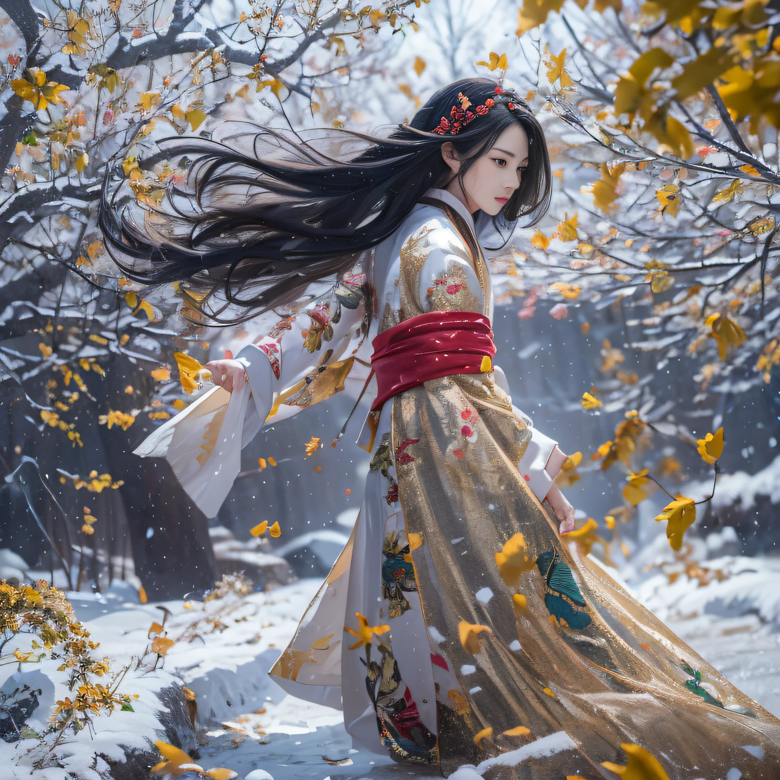 32K(tmasterpiece,k hd,hyper HD,32K)Long flowing black hair,Rockery,zydink, a color, Xuzhou people (Seduce girls), (Red scarf in the snow), jumping posture, looking at the ground, long whitr hair, Floating hair, Carp pattern headdress, Chinese long-sleeved silver battle robe, (Abstract gouache splash:1.2), Pink petal background,Tulips flying(realisticlying:1.4),Black color hair,Fallen leaves flutter,The background is pure, A high resolution, the detail, RAW photogr, Sharp Re, Nikon D850 Film Stock Photo by Jefferies Lee 4 Kodak Portra 400 Camera F1.6 shots, Rich colors, ultra-realistic vivid textures, Dramatic lighting, Unreal Engine Art Station Trend, cinestir 800,Long flowing black hair,Transparent robe clothing