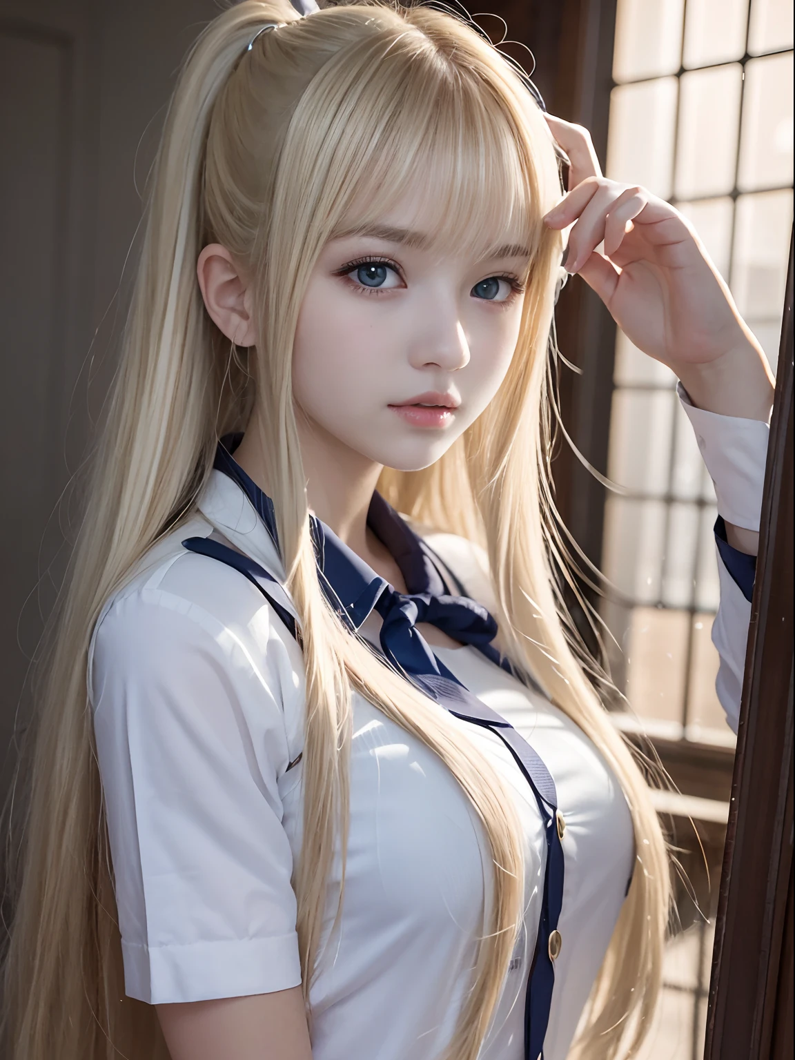 bright expression、poneyTail、Young shiny shiny white shiny skin、Best Looks、Blonde reflected light、Platinum blonde hair with dazzling highlights、shiny light hair,、Super long silky straight hair、Beautiful bangs that shine、Glowing crystal clear attractive big blue eyes、Very beautiful nice cute 16 year old girl、Lush bust,Beautiful detailed eyes, beautiful detailed nose,(( Full body:1.25)),Makeup that the eyes emphasize、((Mini pleated skirt with many folds)),(Women like Joan of Arc)、(((Big wooden cane))),Royal style,Comic style, , Sub-surface scattering, ornate detail, nature backdrop, Hyper-realistic, Cinematic, Dramatic Lighting, masutepiece、fluffy hair、Shoulder knit sweater、Ultra-exposed cleavage、((uses magic:1.3))
