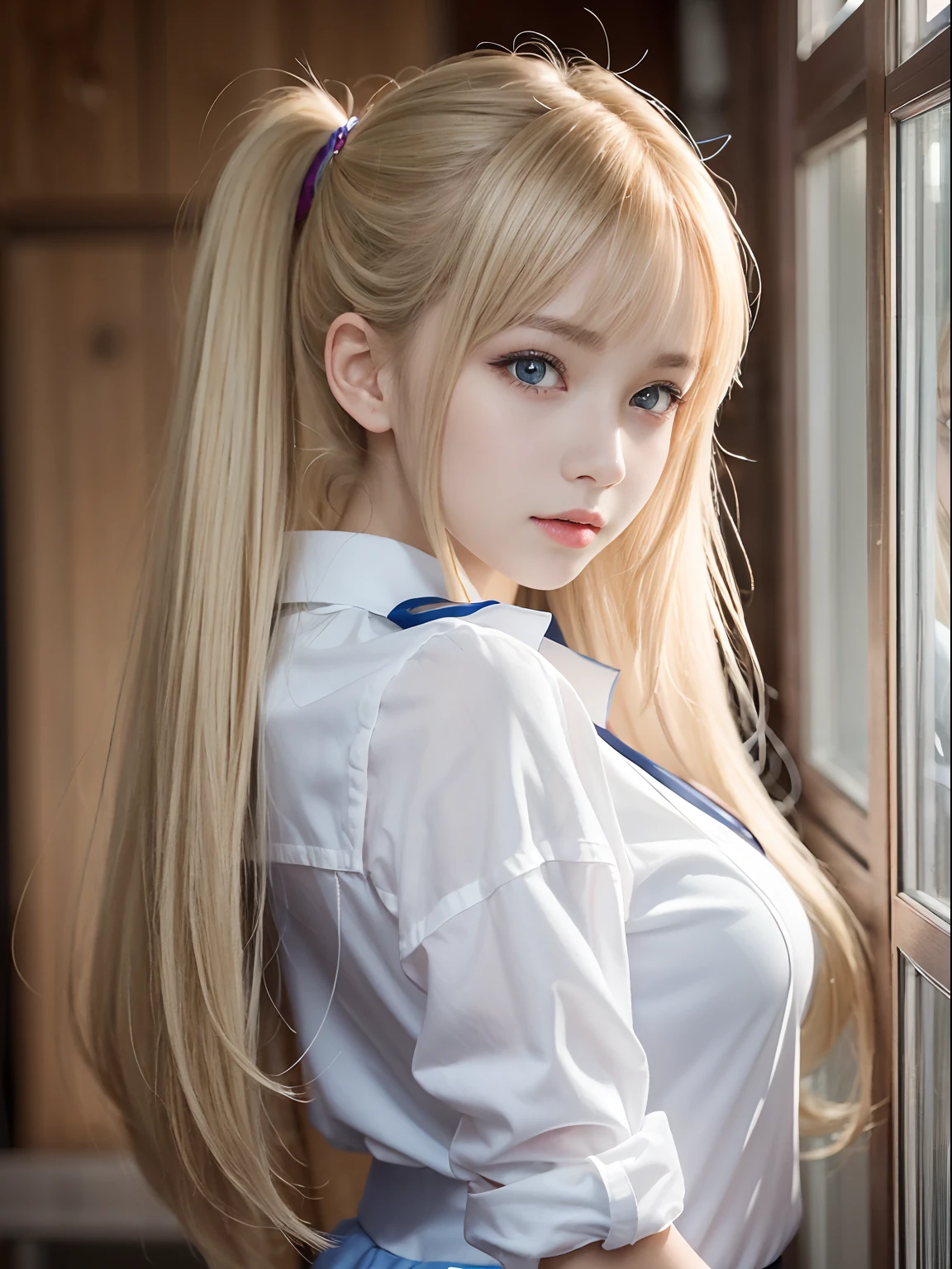 portlate、School Uniforms、bright expression、Young shiny shiny white shiny skin、Best Looks、Blonde reflected light、Platinum blonde hair with dazzling highlights、shiny light hair,、Super long silky straight hair、Beautiful bangs that shine、Glowing crystal clear attractive big blue eyes、Very beautiful nice cute 16 year old girl、Lush bust、poneyTail、