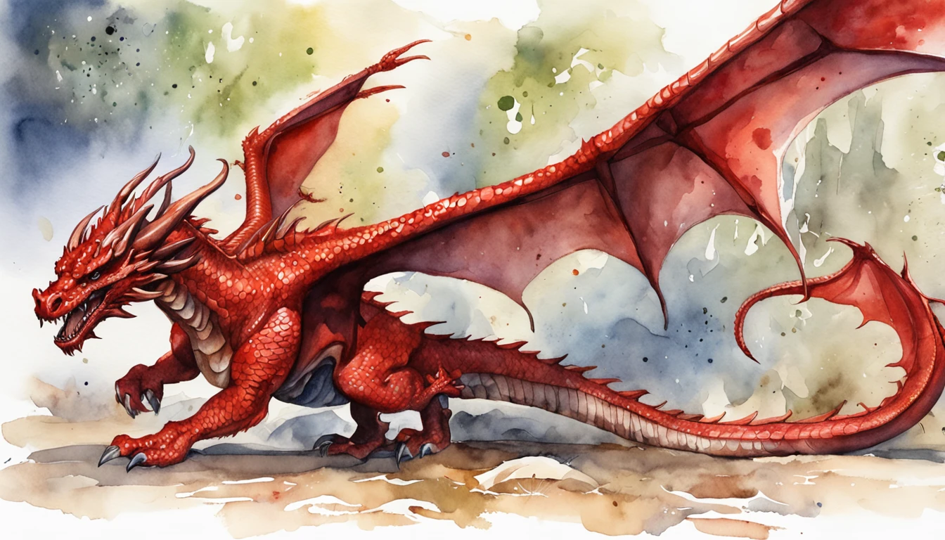 best quality, a gorgeous water color art of a wyvern crimson red dragon, intricately detailed, (best shadow), elegant, volumetric lighting