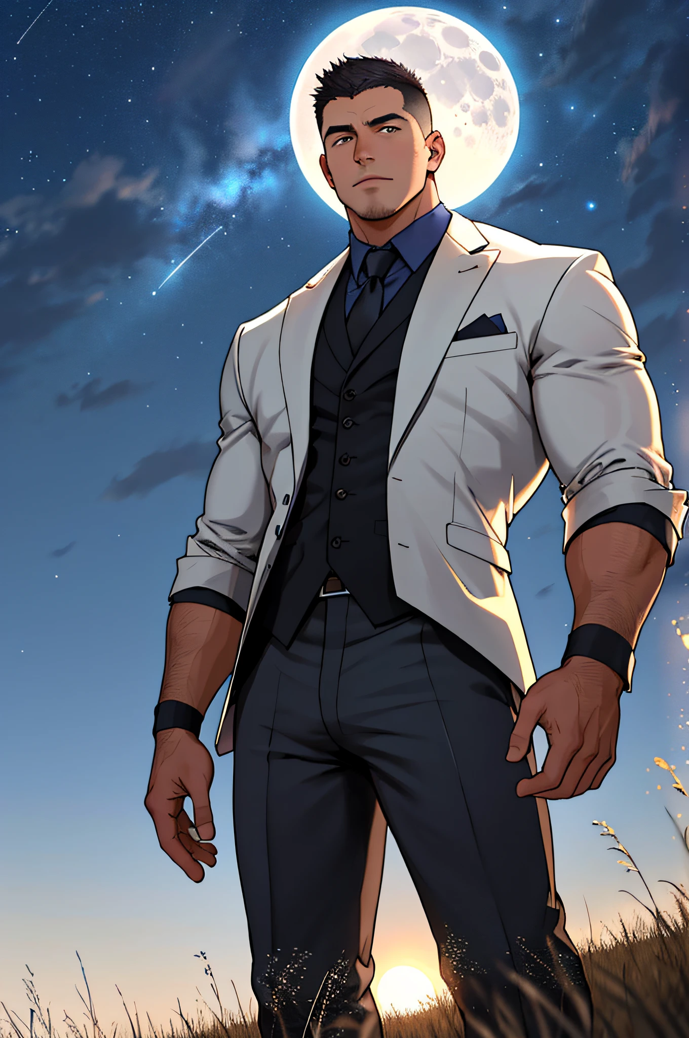 Draw a full-fledged athlete，Standing on the steppe at night，he is wearing a suit，The man looks confident and determined，looking-down，Crew cut，full bodyesbian，Stars dot the sky，shooting from below，Big moon highlights background