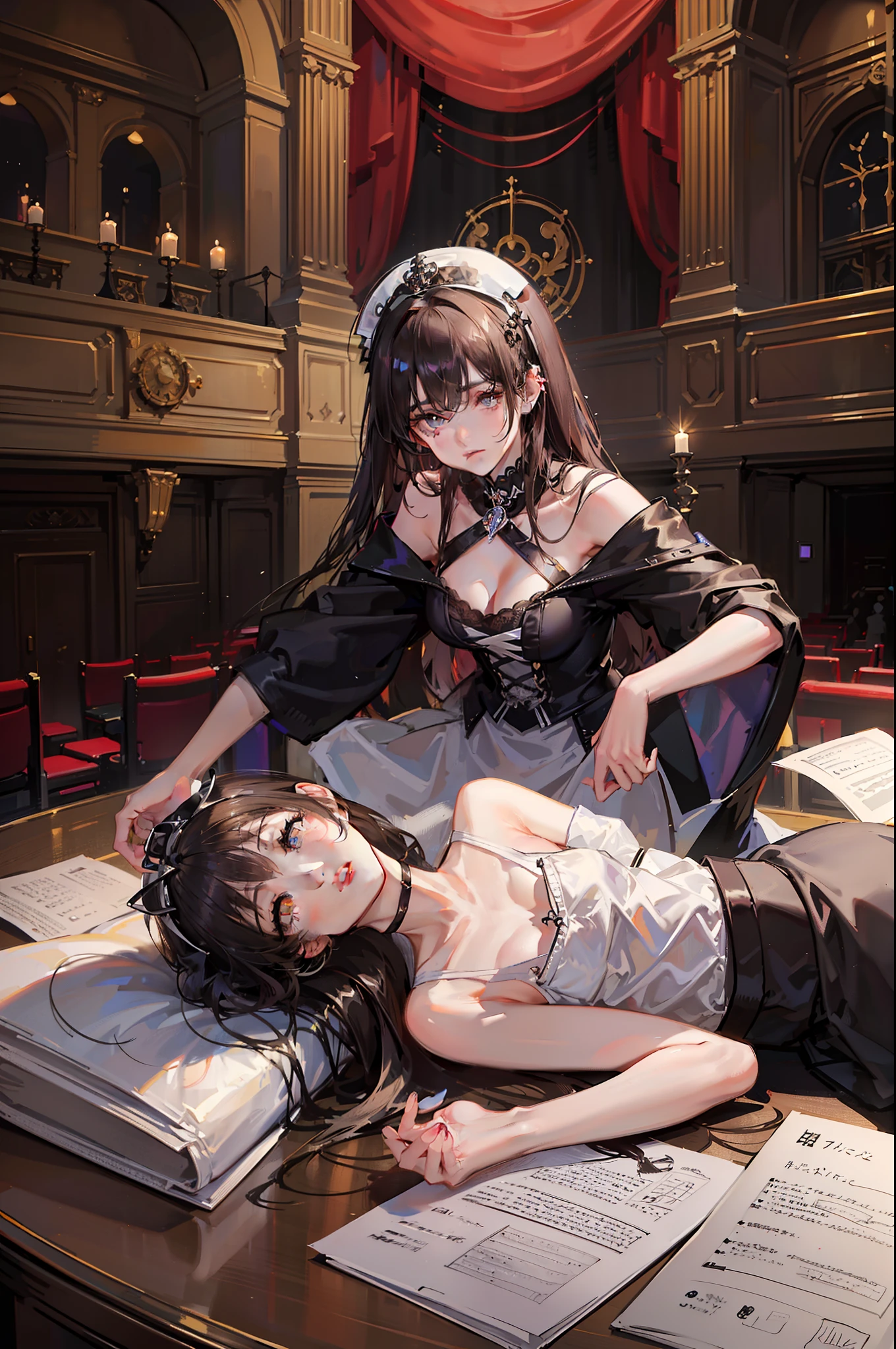Gothic,rosette,auditorium,s girl, A princess, (Puppets), ((maidennurse)), (vacant eyes), With your mouth open , ((face expressionless)), pallor, mid hair, (brunette color hair), (Sister cut haircut), ((Gothic costumes)), (Expose the collarbone), (Beautiful long neck), (slender figures), (Barefoot), (putting makeup on), (eardrop), (sockes), ,(full bodyesbian), (head looking up), up looking, ((Tilt your head)), ((Curl up and lie on your side)), ((wineglass)), (((auditorium))), ((theater)), (Bedrooms), (Art Exhibition Hall), ((Retro)), ((mistic)), (Luxury)
