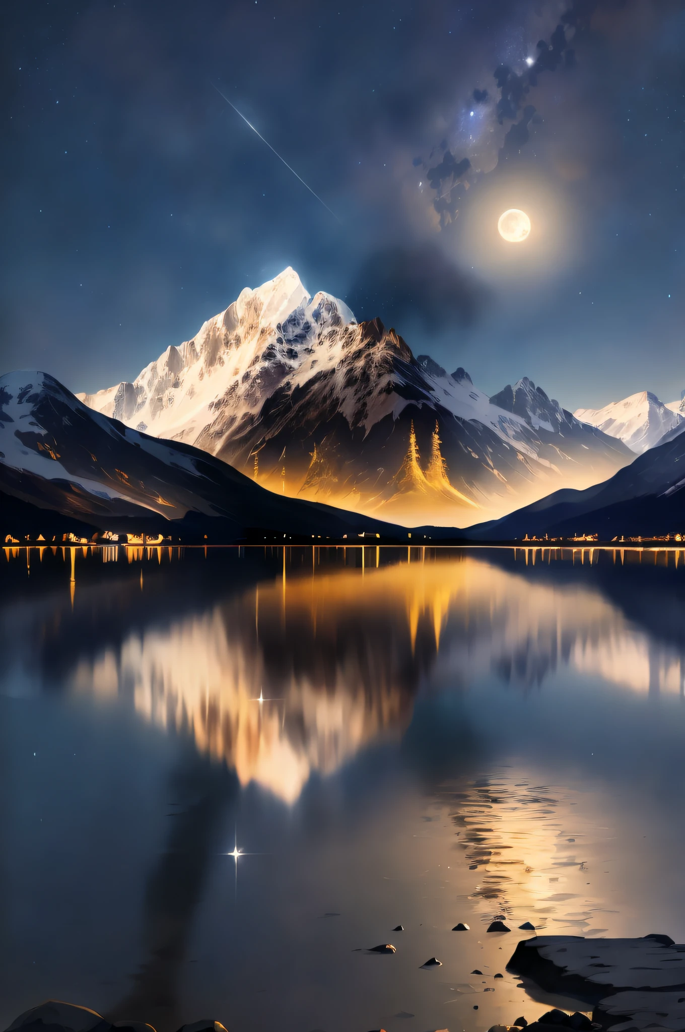 Very starry night. A giant moon behind the mountains. A tranquil lake reflecting the night. Realistic scene, detailed, photorealism, 8k