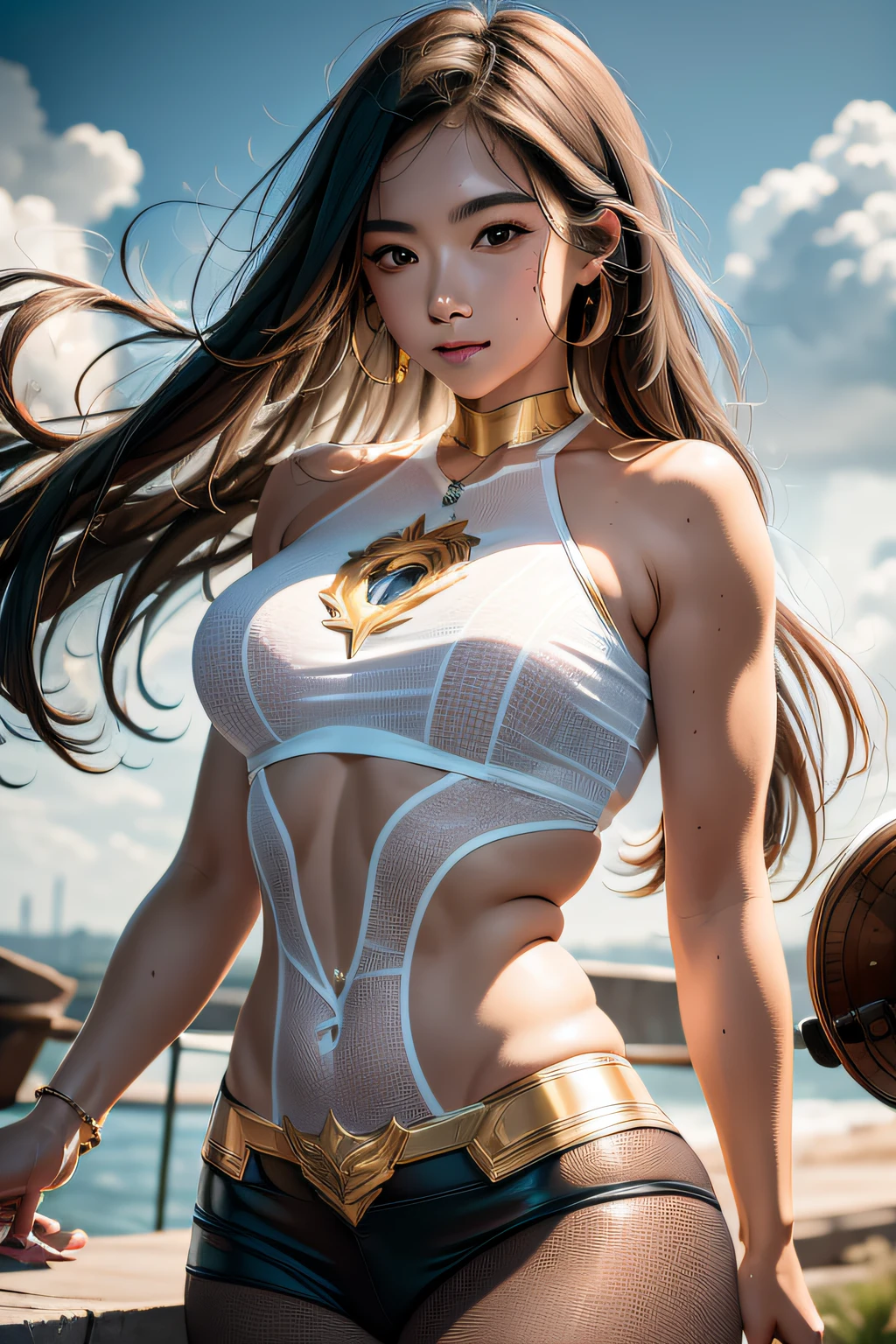 Award-Awarded, Best quality, A high resolution, High quality, High details, Super detail, Anatomically correct, Textured skin, ccurate, Masterpiece, retinas, hyper HD, 8K,hair glowing,metahuman,levitating,Cloud