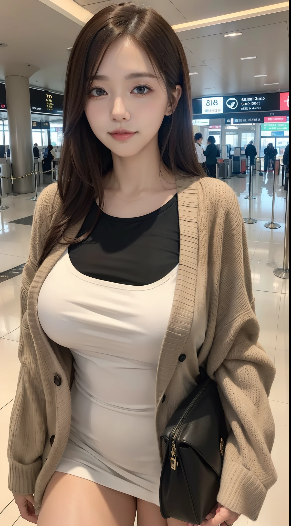 ((top-quality、8K、​masterpiece:1.3))、voluptuous woman、1girl in、(Slender figure:1.2)、dark brown  hair、hyperdetailed face、Detailed lips、A detailed eye、二重まぶた、(huge-breasted:1.2)、Random T-shirt、Random attire、random place、Specific women、Plain clothe、Dressing、（ssmile:1.2）、(Departure lobby at the airport:1.2)、Autumn layered look with a long cardigan。