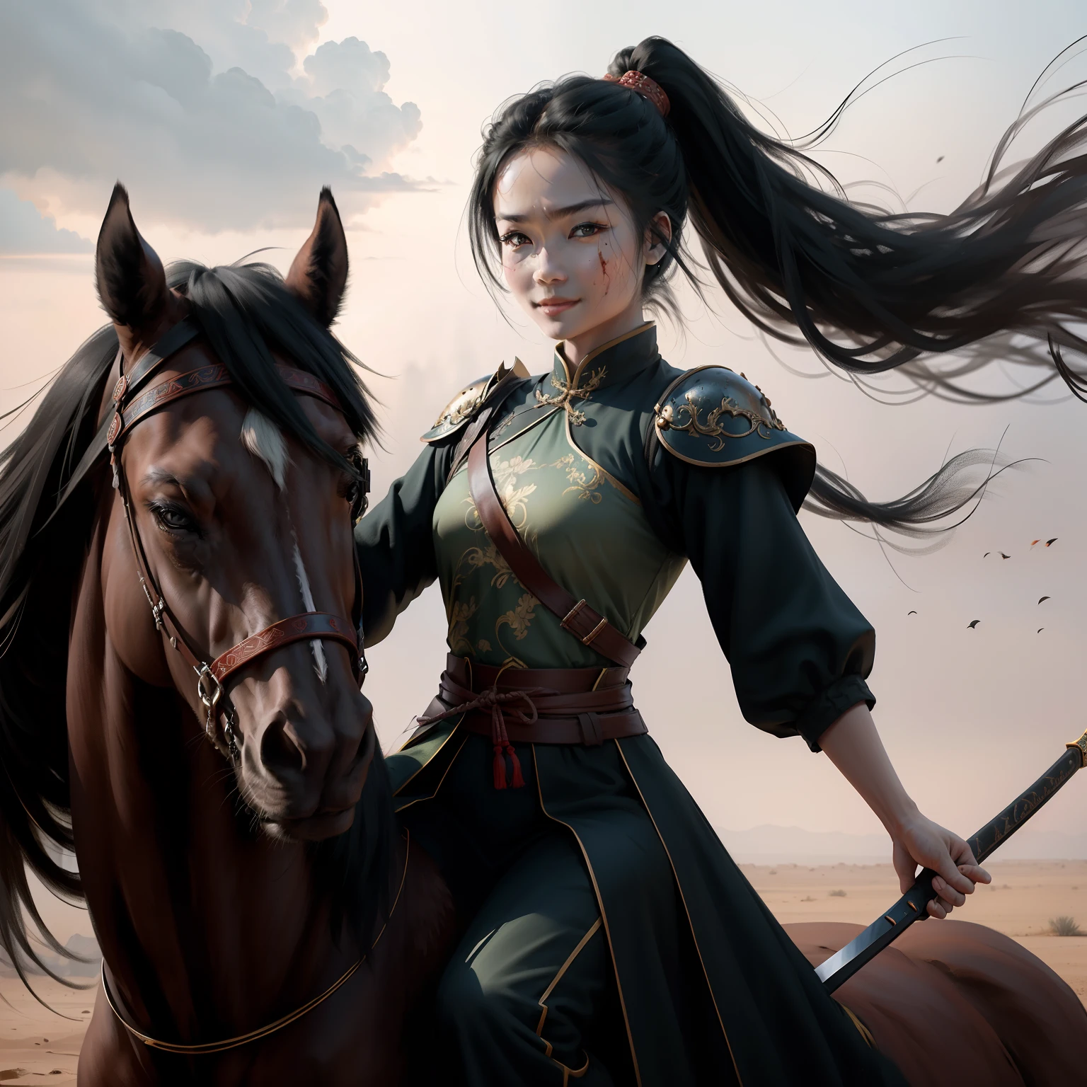 A beautiful Chinese girl riding on horseback,Tough and dashing character,The expression is resolute,With a confident smile,Like a fighter,Without a hat,Dressed in black Hanfu,The clothes are simple and plain,Long black hair and high ponytail,Wear a long sword at your waist,Hold the reins with one hand,There was blood on the face and sword,Immerse yourself in China's ancient battlefields。