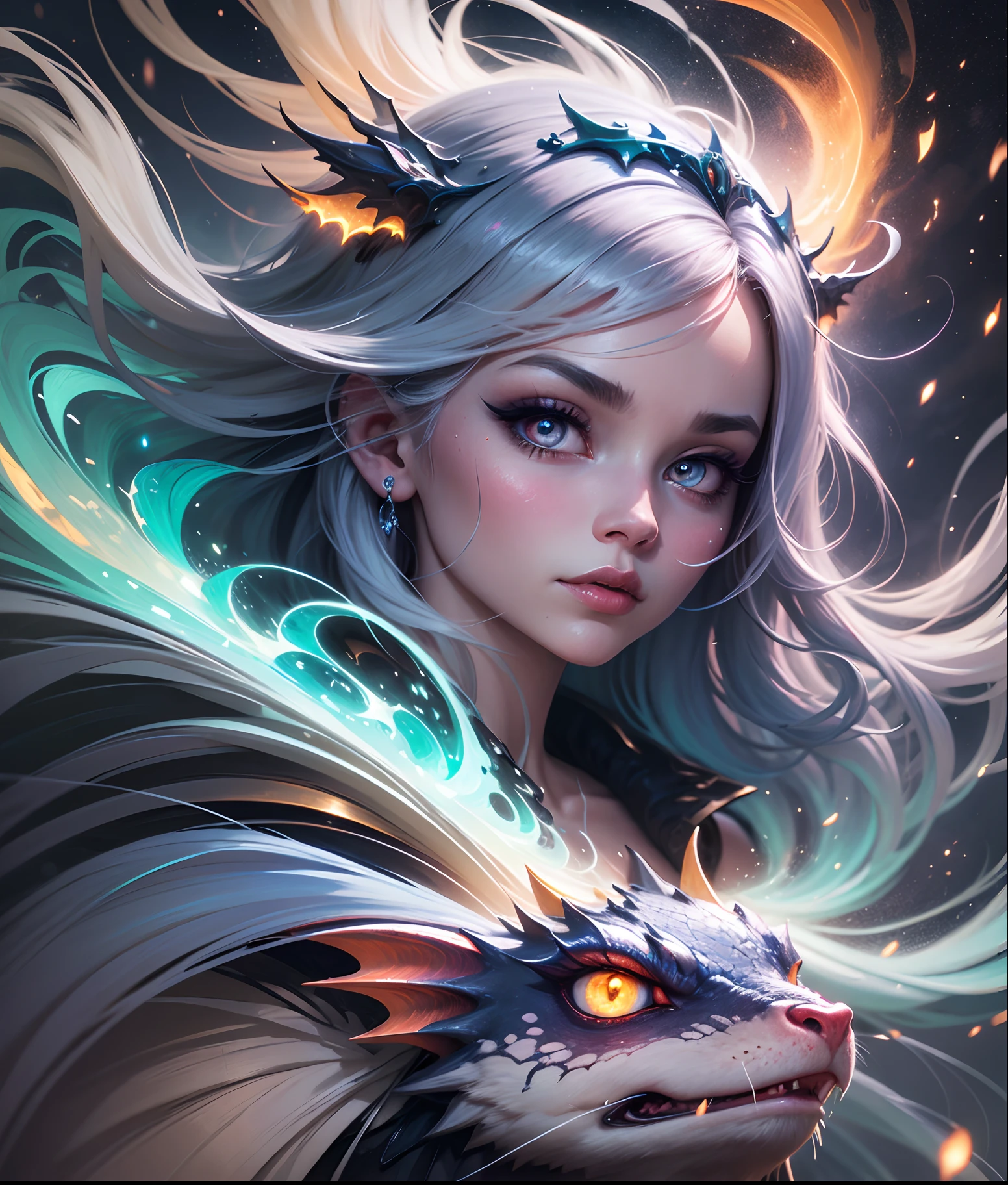 splash art, , ultra highly detailed, luminism, hyperrealistic painting , , digital painting , a close up little cute chibi fantasy luminous white metal dragon creature flying in the night sky , opalescent scales, storm, lightnings, detailed clouds, stars, color waves, color drops, big moon, moonlight, night, celestial lighting, sparks, big reflective eyes, color waves, , , close portrait, color drops, fairytale, , artstation, by Peter Mohrbacher , craola, WLOP, masterpiece, silver glowing, , transparent smoke, blue glowing aura --auto --s2