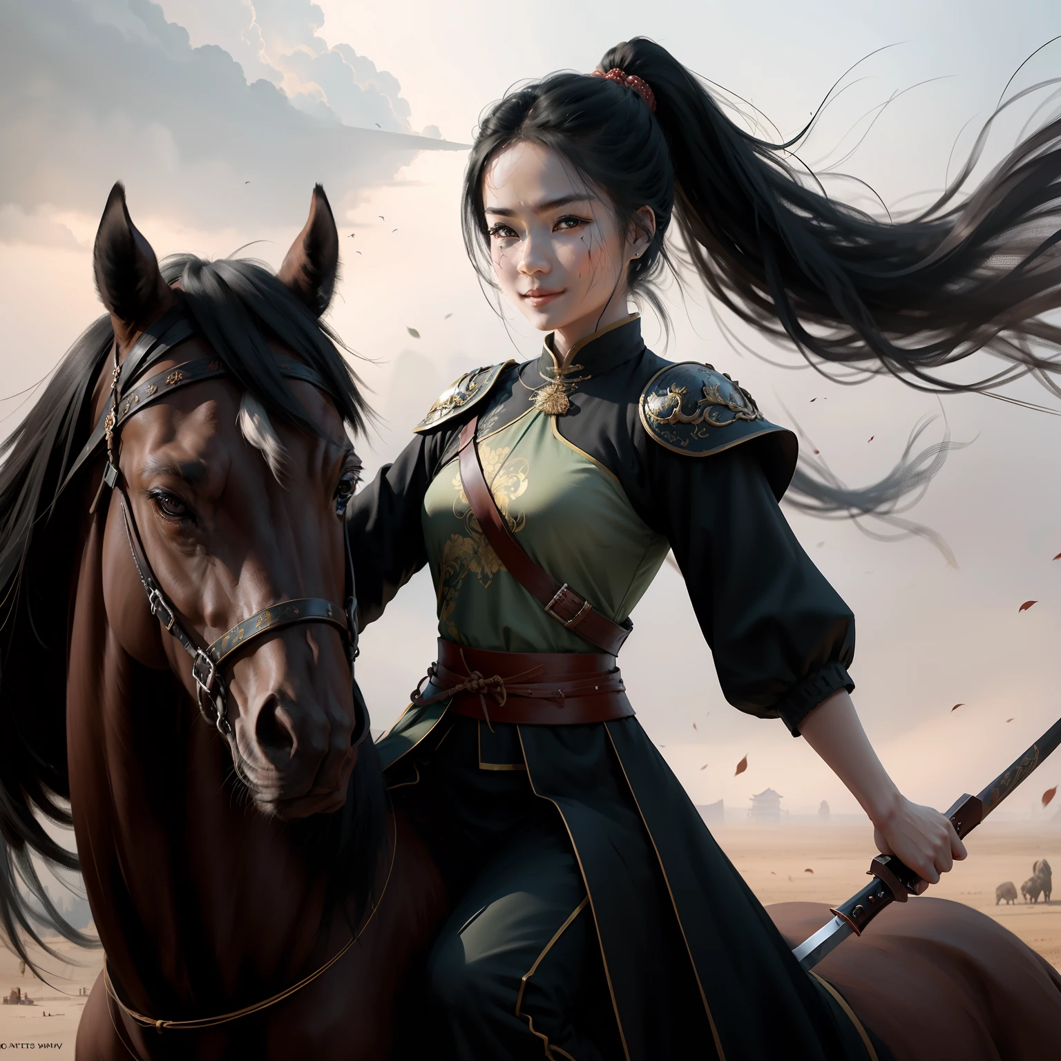 A beautiful Chinese girl riding on horseback，Tough and dashing character，The expression is resolute，With a confident smile，Like a fighter，Without a hat，Dressed in black Hanfu，The clothes are simple and plain，Long black hair and high ponytail，Wear a long sword at your waist，Hold the reins with one hand，There was blood on the face and sword，Immerse yourself in China's ancient battlefields。