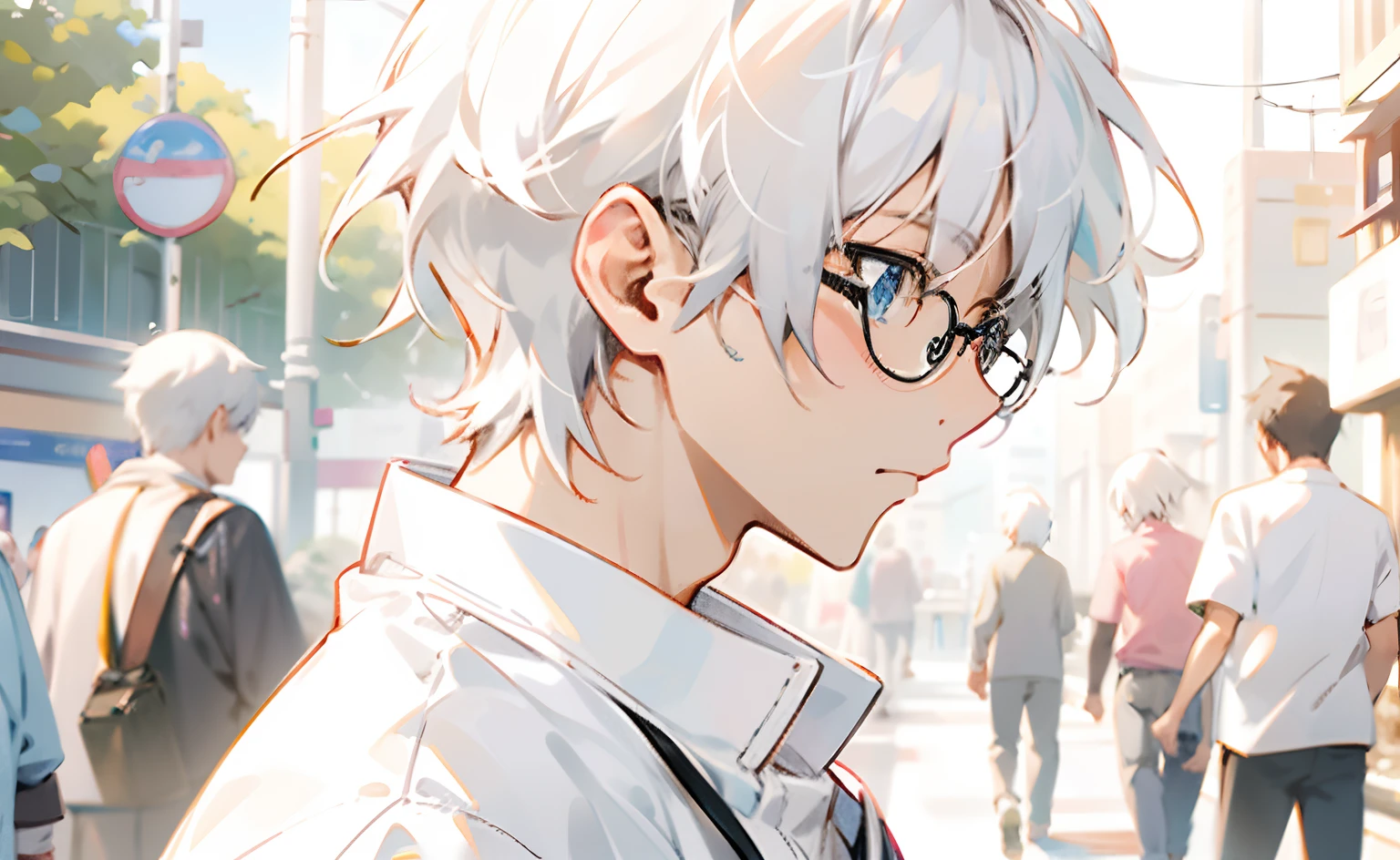 Anime - a stylistic image of a man with white hair and glasses walking down the street, kaworu nagisa, white haired Cangcang, young anime man, White-haired, male anime character, Guviz, Tall anime guy with blue eyes, Best anime 4k konachan wallpaper, Anime boy, Detailed digital anime art, Smooth anime CG art, silber hair