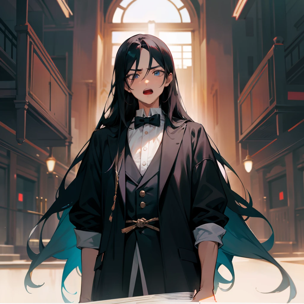 A boy with long black hair,The expression is disdainful,Upper body display,standing in a school,Open your mouth to speak