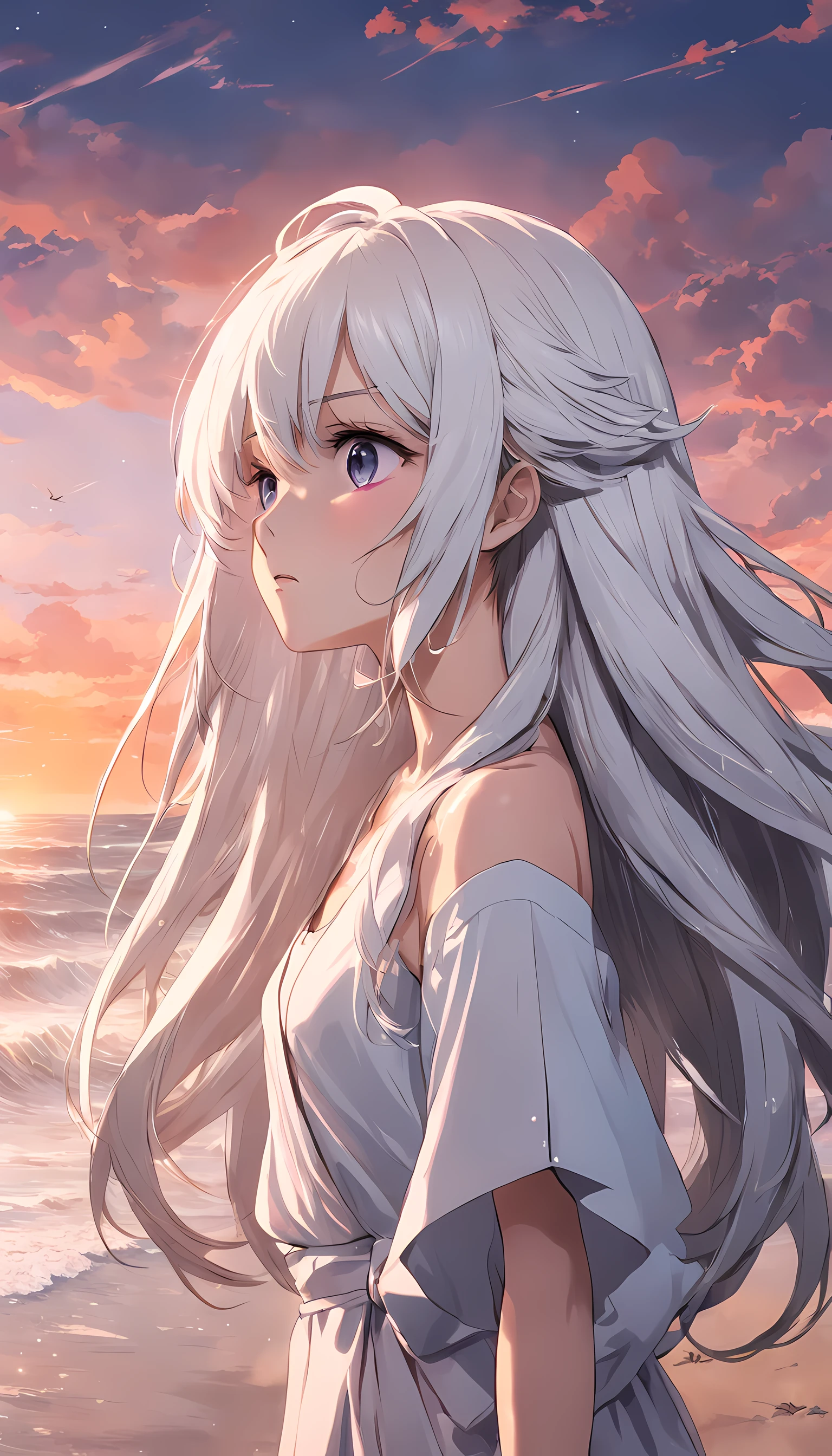 beach,look up,long white hair,dark