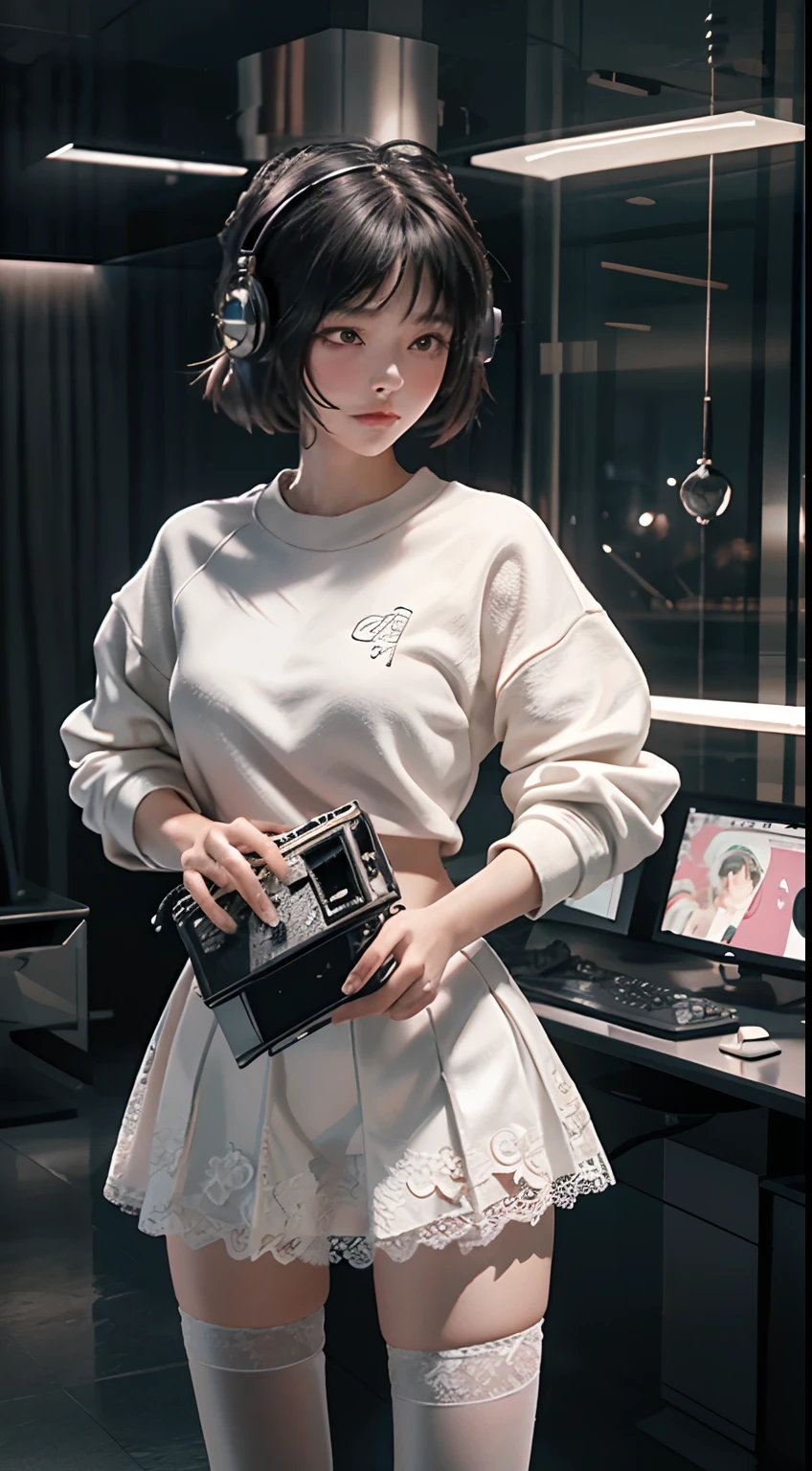 Highest image quality,Outstanding details,超高分辨率,(Fidelity:1.4),The best illustration,Favor the details,Highly cohesive 1girl,He has a delicate and beautiful face,Wear a pink sweatshirt,1.2,with headphones on,Ride a metal motorcycle,1girll,White lace underwear,JK skirt,The background is a high-tech lighting scene in the future city,Campus scene。