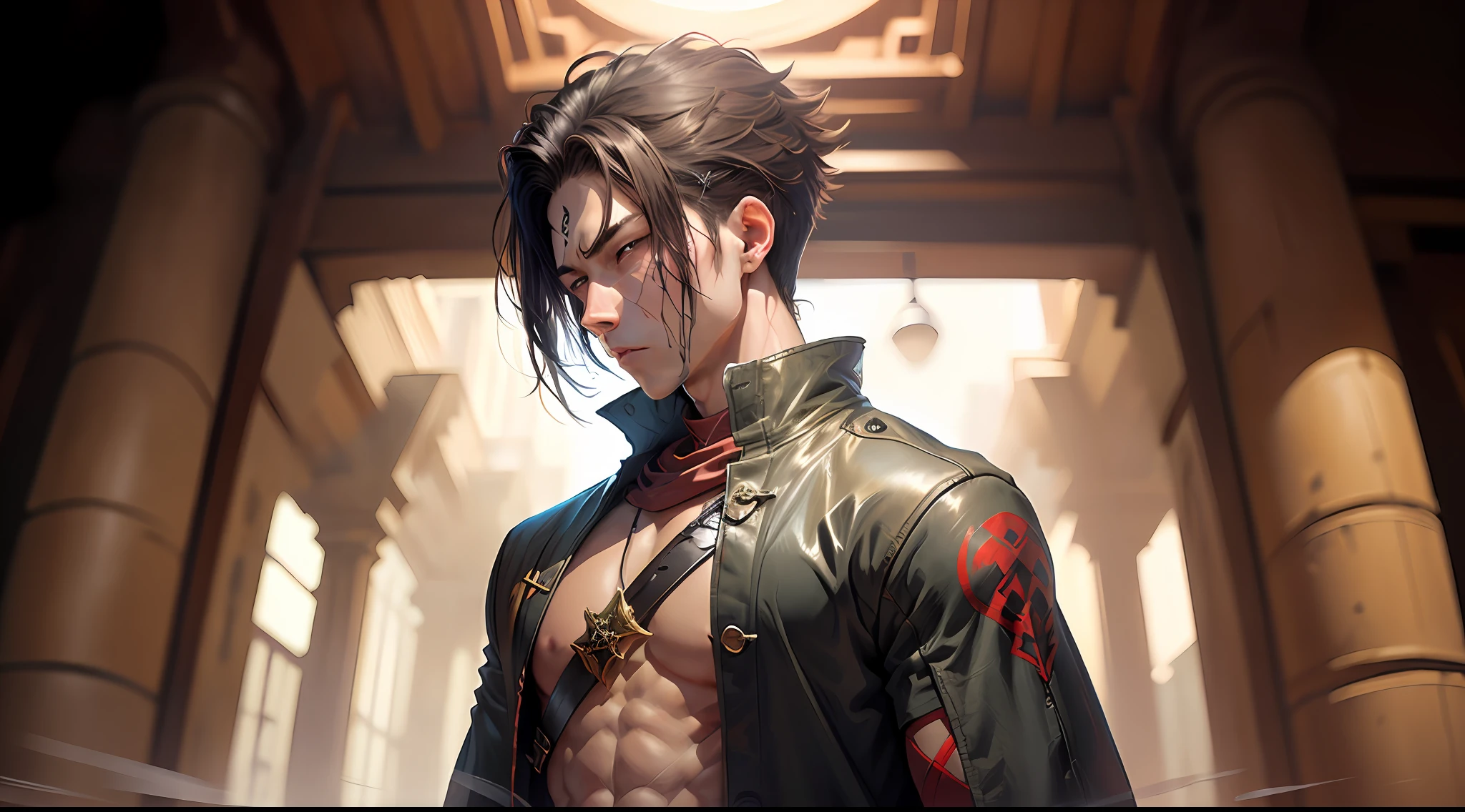 chico anime con un cuerpo musculoso y una camisa ajustada puesta, muscular!!, muscular character, Estilo baki! Blanco, alto!, Super buff y cool, musculatura, big biceps, Science-Fiction, Mysterious character, epica pose de anime, fuerte e imponente, pose fuerte, Arte de anime limpio y detallado, large musculatura