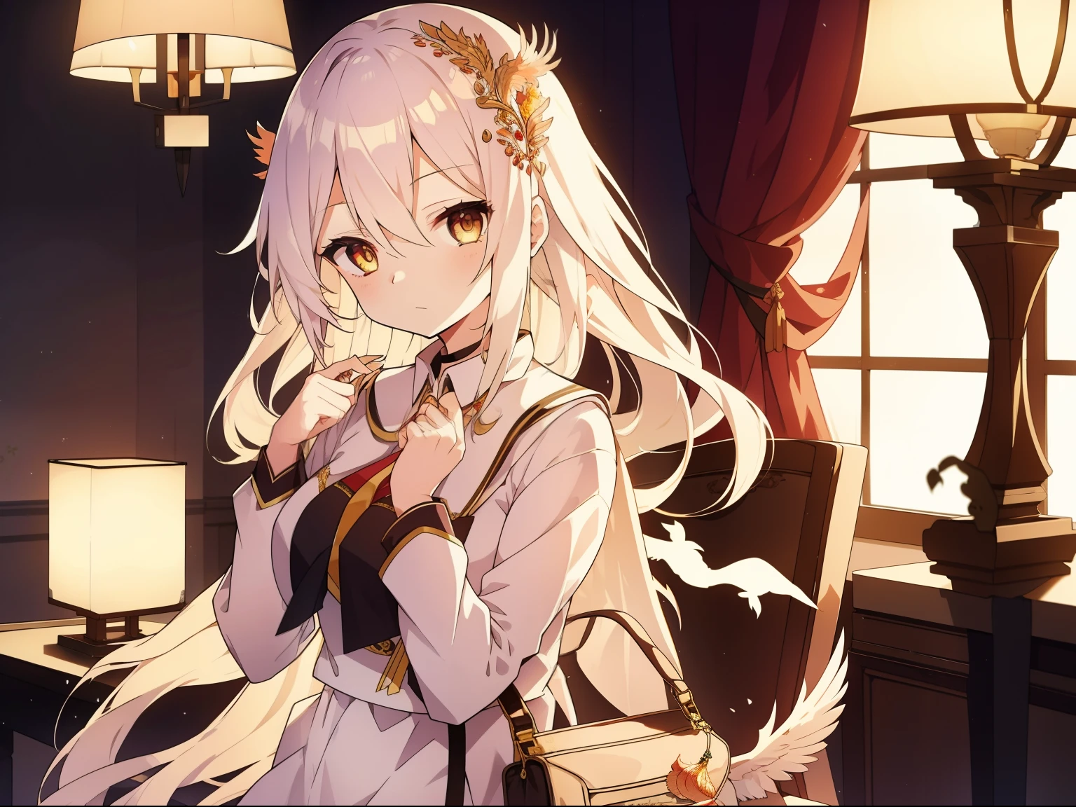 Long white hair shawl，A beautiful face，But the expression is sad，Wearing a gorgeous phoenix crown。The chair is embroidering a purse。The scene can be her dormitory，There is a candlelit atmosphere。