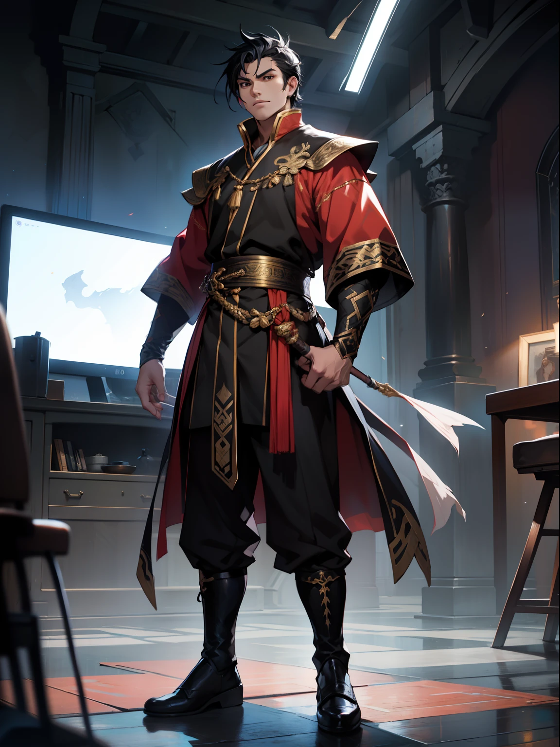 of a guy,Douluo Continent costume,standing on your feet,nigth,Black hair,Fierce,playing game,