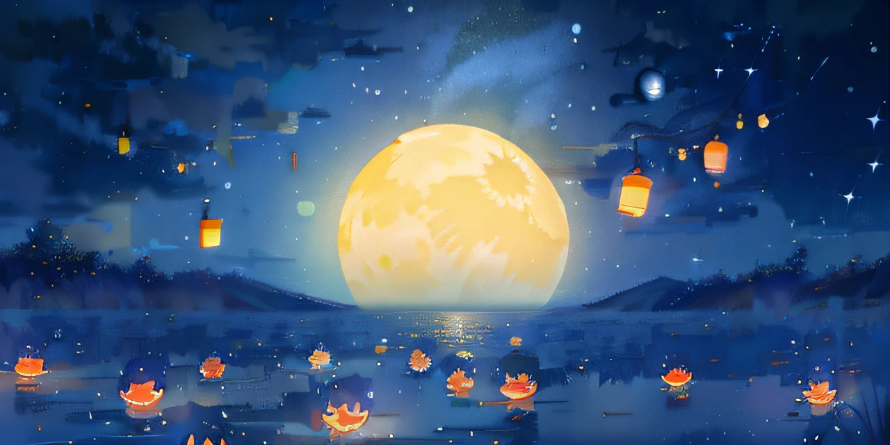 the night,Kongming Lantern,river water,em cor azul escuro,galactic,star ocean,themoon,Moon cake,Mid-Autumn Festival,Moon,Movie lighting,exquisitedetails