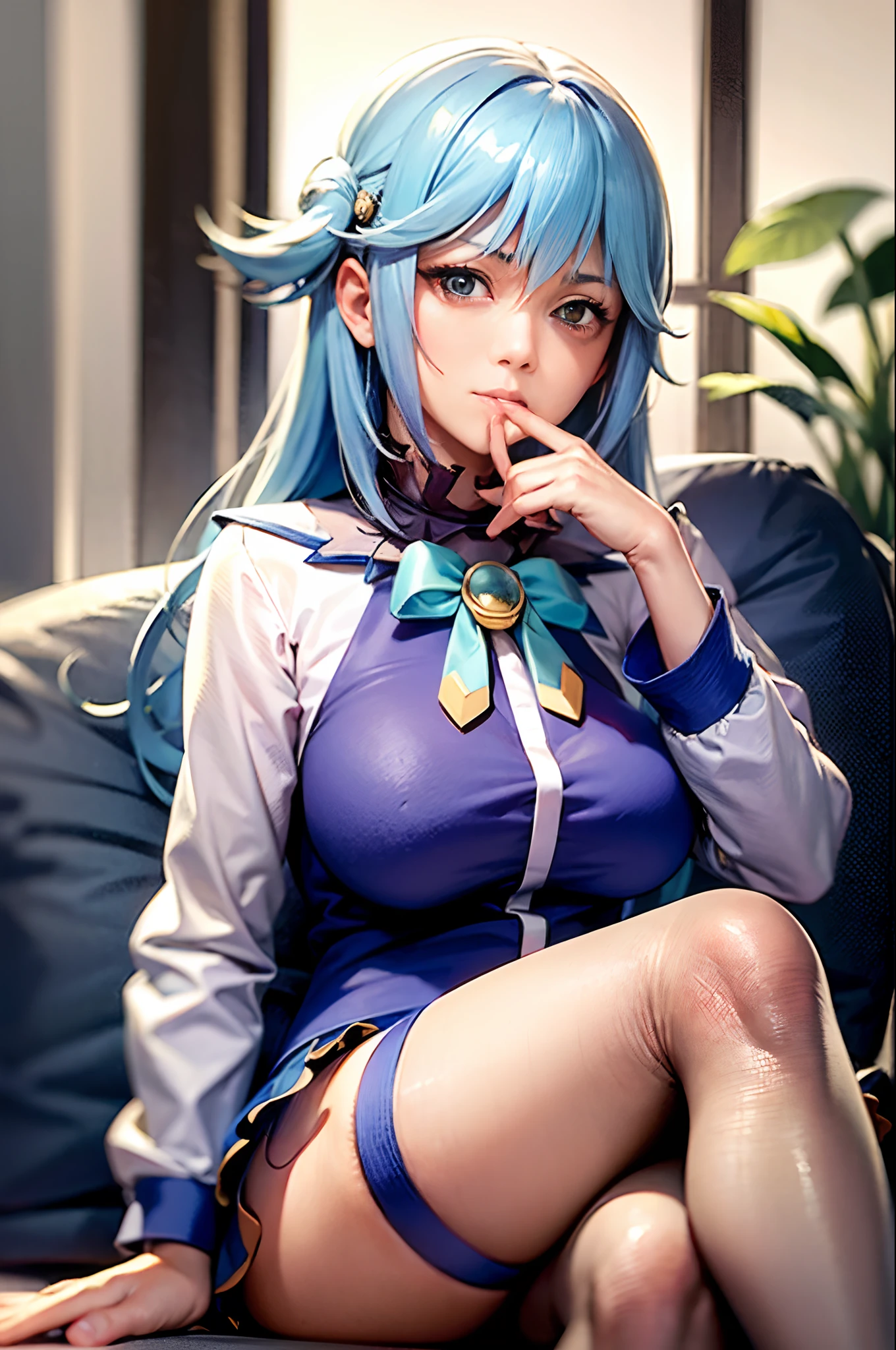 (Prominence in Masterpiece, Best Quality: 1.2), solo, 1 girl,aqua, serious, mouth closed, looking at viewer, hand on face, sitting, legs crossed, collared shirt, tie up, skirt, stockings , big thighs, big breasts,blue hair)