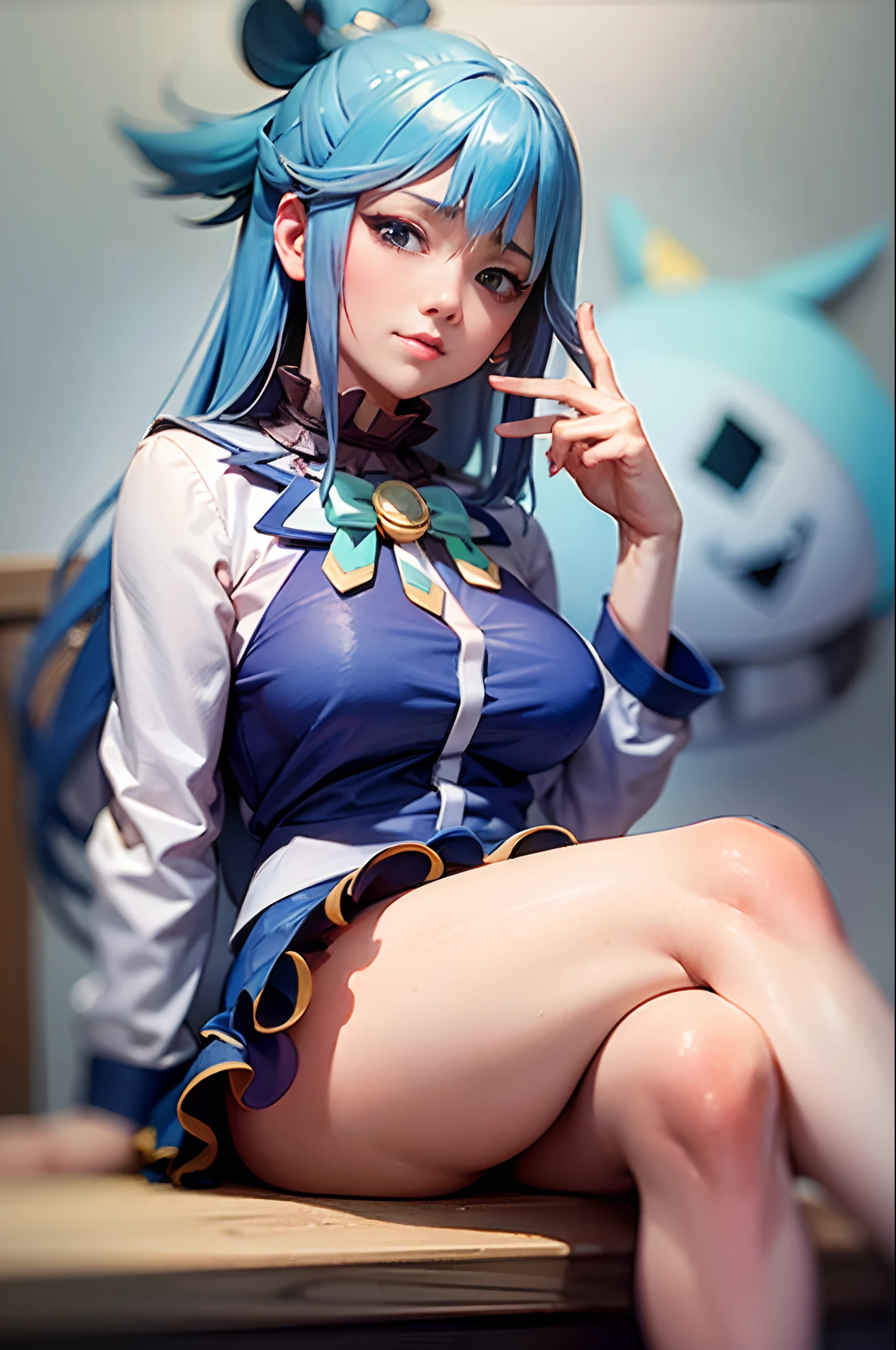 (Prominence in Masterpiece, Best Quality: 1.2), solo, 1 girl,aqua, serious, mouth closed, looking at viewer, hand on face, sitting, legs crossed, collared shirt, tie up, skirt, stockings , big thighs, big breasts,blue hair)