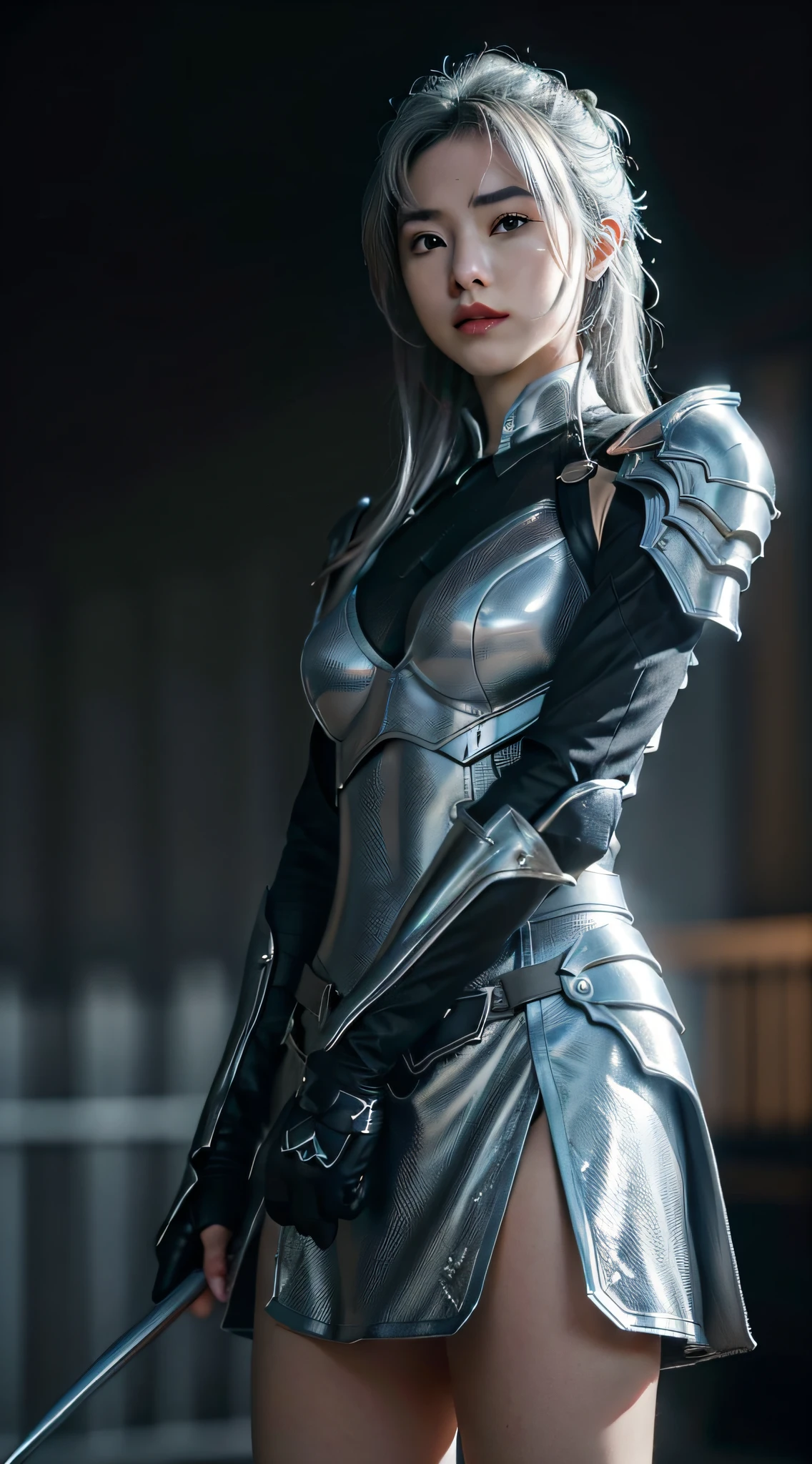 Black iron armor、black cloak、Beautiful muscular female dark knight、silver hair upstyle、((whole body))、(((photo taken from below)))、darkness