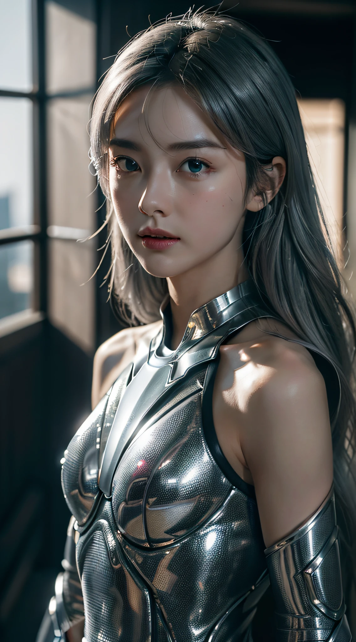 (Extreme Detail CG Unity 8K Wallpapers，tmasterpiece，Highest image quality)，(Delicate light and shadow，Cinematic lens effect)，Armor Girl，Silver-gray hair color，Marvel，dynamicposes)，Sharp eyes，Domineering，(Exceptional detail，The lighting effect is outstanding，Vista wide angle)，(Excellent rendering，Enough to stand out from the crowd)，Killer in smoke，ultraclear，（Fidelity：1.4），（真实感：1.4），（close-up1.5）（Facial detail 1.5）