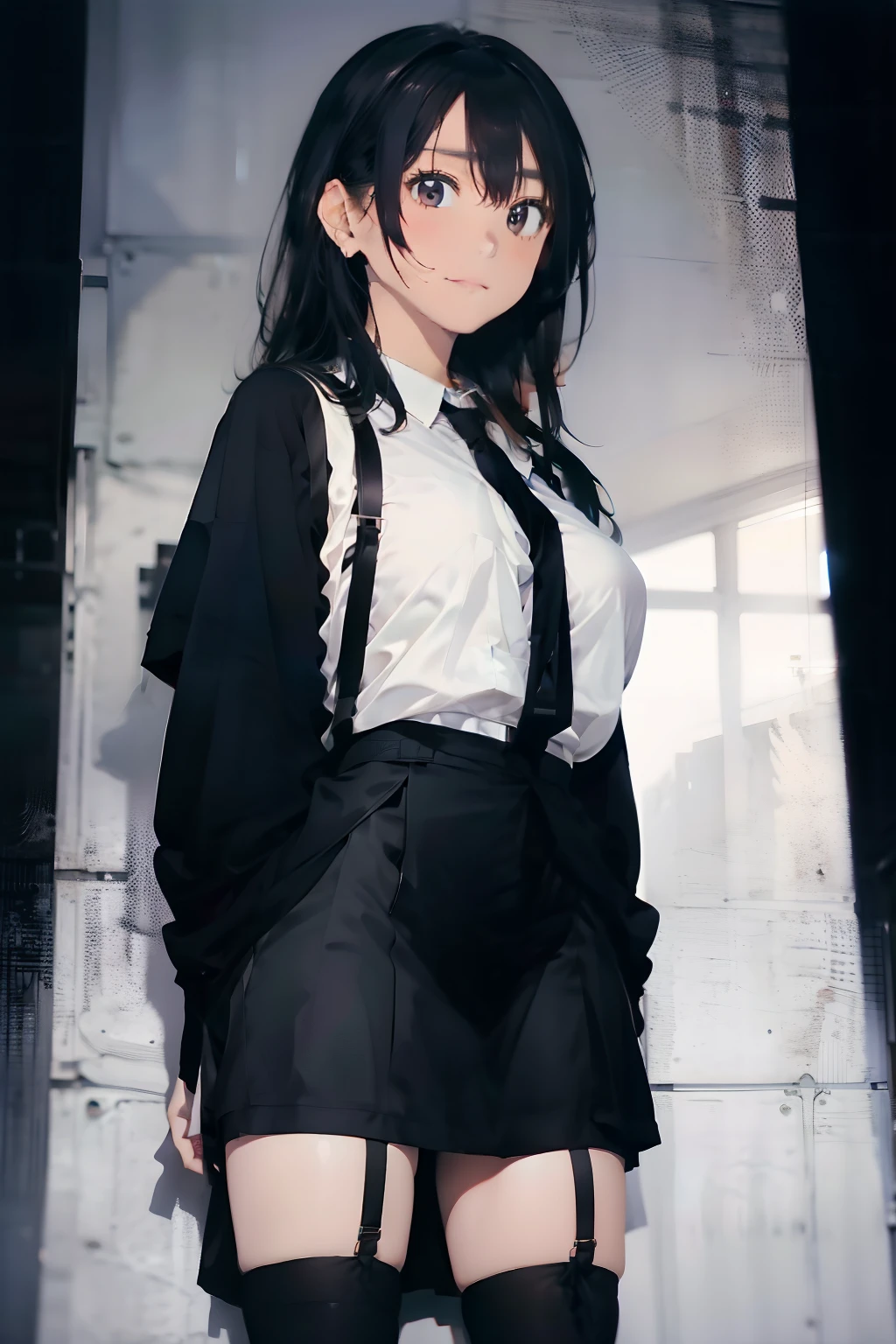 a black skirt, neck tie, Cutter shirt　suspenders, Long Black Hair, Gray eyes, holster, Garter belt on the legs, , Big breasts, Pichi Pichi clothes, both sides　deadpan　Behind