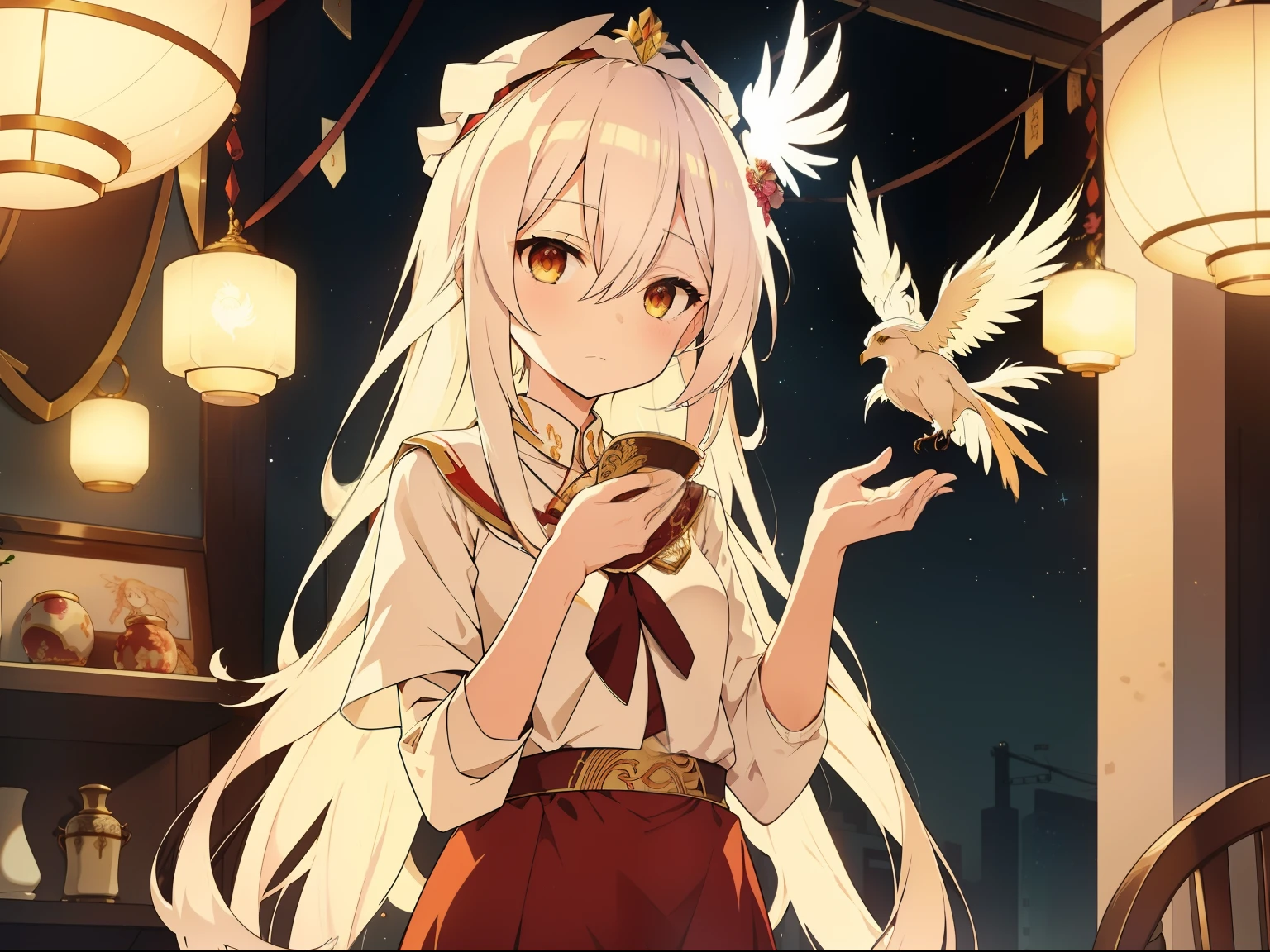 Long white hair shawl,A beautiful face,But the expression is sad,Wearing a gorgeous phoenix crown。The chair is embroidering a purse。The scene can be her dormitory,There is a candlelit atmosphere。