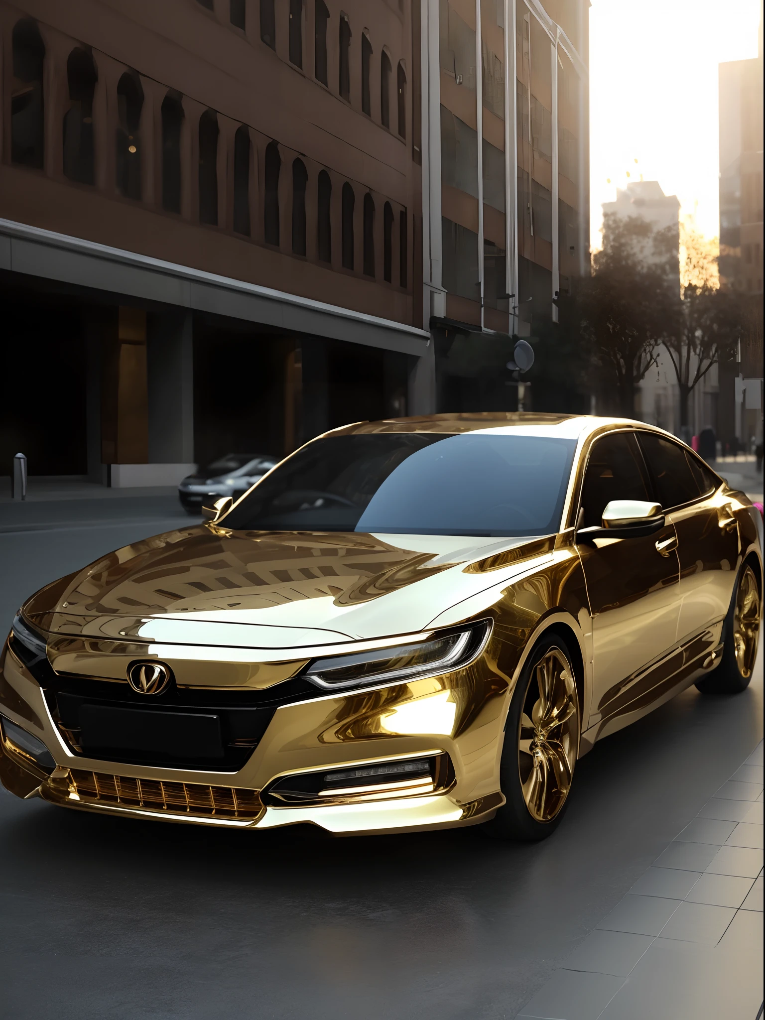 Close-up of golden car on a city street, gold body, brushed rose gold car paint, luxury hd render, golden hues, elegant gold body, Set off in bright metallic gold, hyperreal rendering, shining gold, On a reflective gold plate, realistic gold, Gold metal, hyper realistic rendering, gold and luxury materials, ultra realistic”, hyperrealistic”