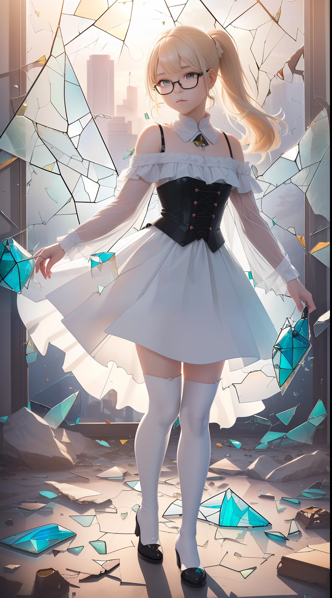 (outdoor), (cracked glass wall background:1.4), (broken refraction of cityscape:1.25), 1girl, blonde hair, long hair, cold expression,flying long dress, black corset, long sleeves, black pantyhose,lie on the ground ,praying, colorful crystal piece, (broken glass piece:2), colorful reflection, fragmentation, (broken glass wings:1.4),light red eyes, [(white background:1.6)::5],(imid shot:0.95),(full body:1.3),Dynamic angle,best shadow,reflection,(view from above),colorful,(falt color:1.3),floating colorful wind,(Highest picture quality),(Master's work),(macro shot:1.25),(8K wallpaper),(lens flare),(outdoor:1.2),(closet),piano,moist floor,birch,(garden),(parterre),greenhouse,(orchid:1.2),ivy,petals,potted plant,Iris,moss,floating rain,stream,wilderness,small dust, ((breeze)),wind,summer,sunlight,(blurry background),forests,water,(Strong sunlight:1.2),(Altocumulus:1.2),bird, butterfly,falling petals,huge windows,(1girl:1.4),(****:1.3),(petite:1.3),(kawaii),(ambiguous gender),(bishoujo:1.2),(long white cape:1.2),smooth hair,black gloves,(delicate clothes),ahoge,(long white ponytail:1.2),(extremely detailed cute face:1.2),(expressionless:1.3),(indifferent:1.2),mute,(beautiful detailed face:1.3),(white pantyhose:1.2),(knee boots),