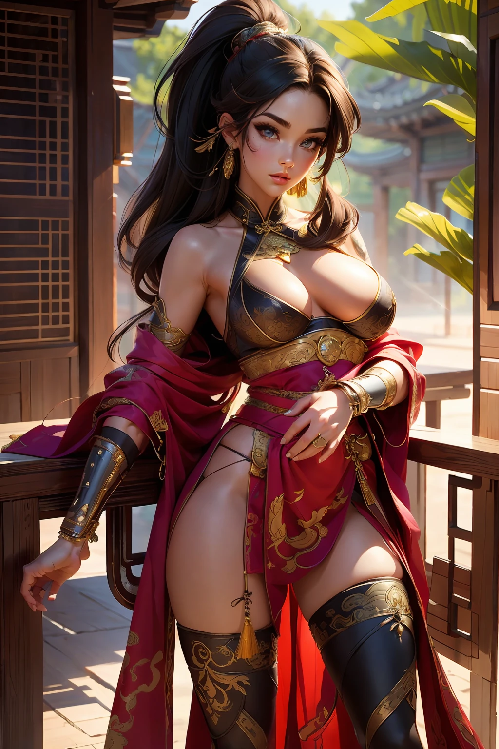 Ancient Chinese architecture,Female warriors in national style,Wear revealing armor,Simple clothing, Minimalist style,Mixed Chinese and American races,The background is blurred out,focal,Cowboy shot,电影灯光,(((tmasterpiece))), ((best qualtiy)), ((Complex and detailed)), ((ultra-realistic realism)), Ridiculous resolution, A MILF, Mature woman, ssee-through, highly detailed, illustratio, 1girll, (mediuml breasts), Thin waist and thick hips,long leges,beatiful detailed eyes, short detailed hair, brunette color hair, a purple eye, blackstockings,lacy clothing,with faintly visible,Cool armor,The body proportions are perfect,(No underwear:1.2),detailed back ground, perfect eyes, Seductive eye, (nice hand),Detail hands,looking at viewert,From the front,Wear light,juicy legs,deep v big breasts,Tattooed with