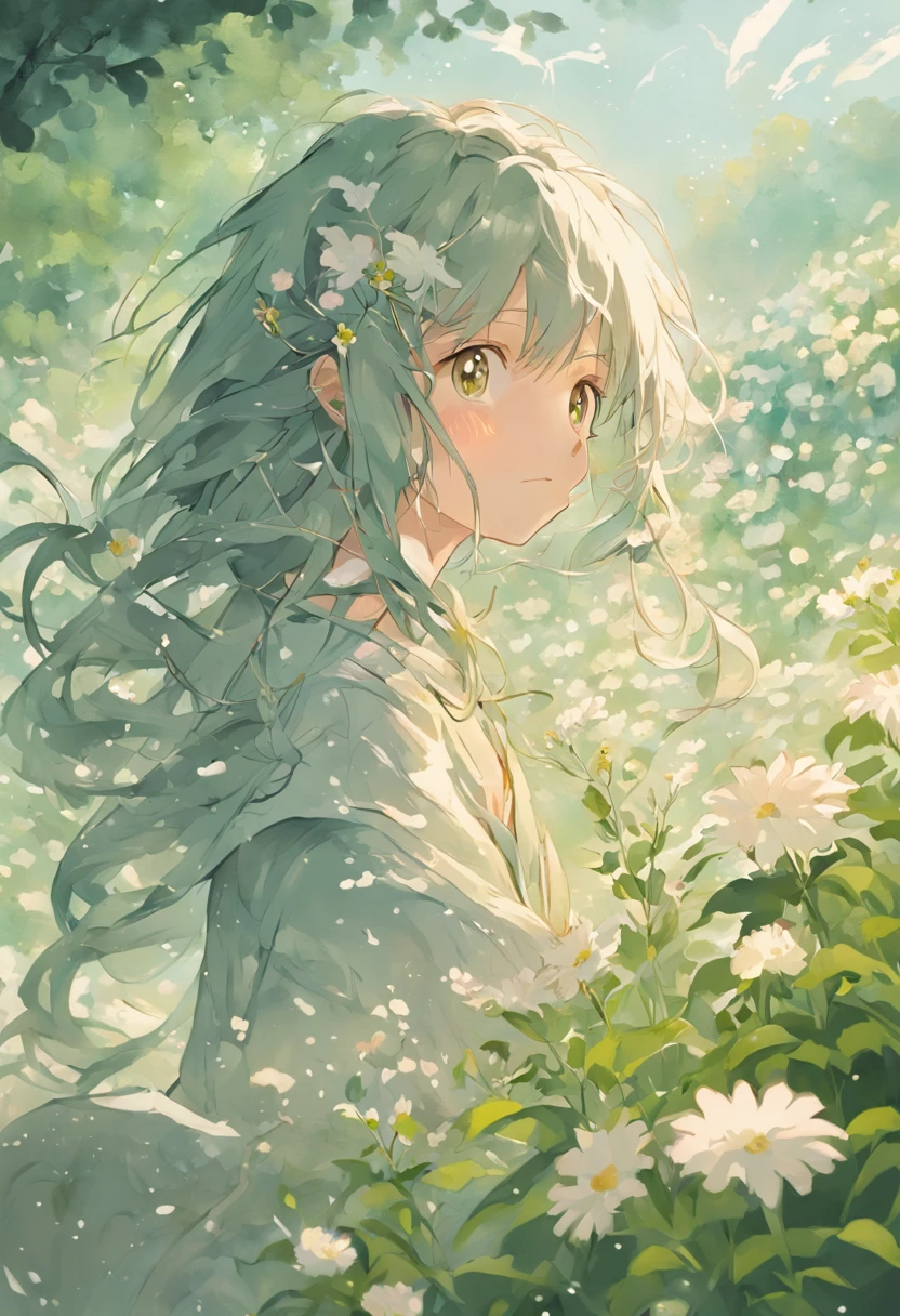 Blooming flowers flutter in the wind，Girl in flowers，Light green and silver design，Pay attention to the texture of the skin and flowers，Sony FE 12-24mm F/2.8 gm，Impressionist garden，Proficient in calligraphy，eco-friendly craftsmanship，Brush stroke exploration