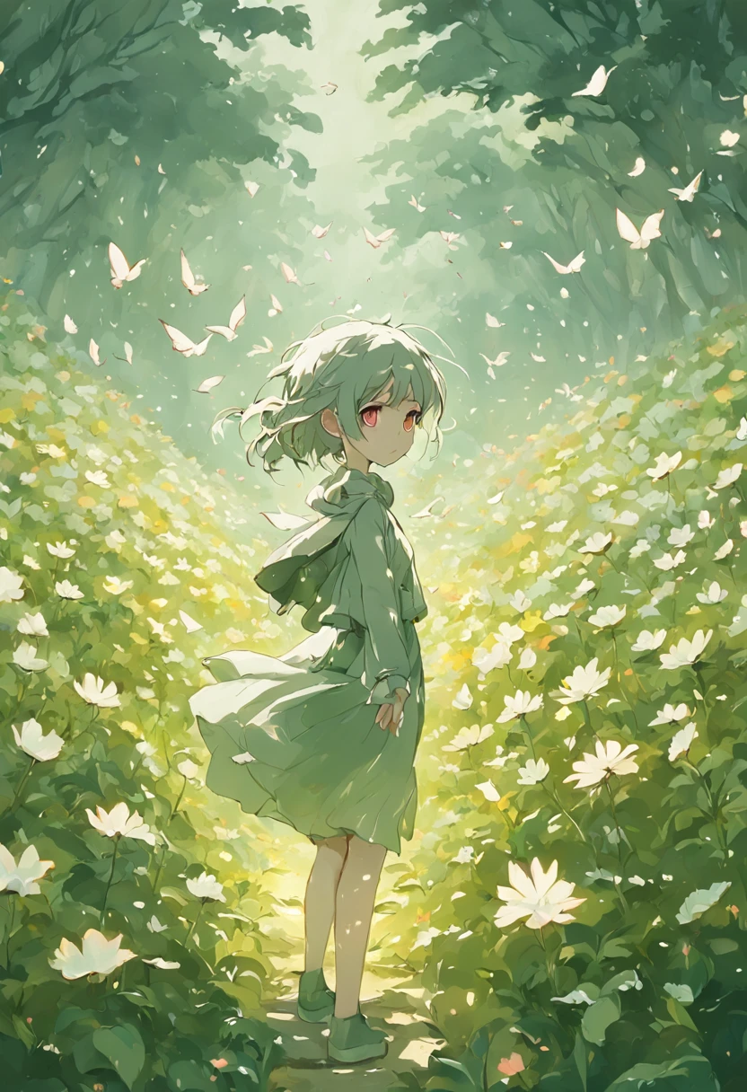 Blooming flowers flutter in the wind，Girl in flowers，Light green and silver design，Pay attention to the texture of the skin and flowers，Sony FE 12-24mm F/2.8 gm，Impressionist garden，Proficient in calligraphy，eco-friendly craftsmanship，Brush stroke exploration