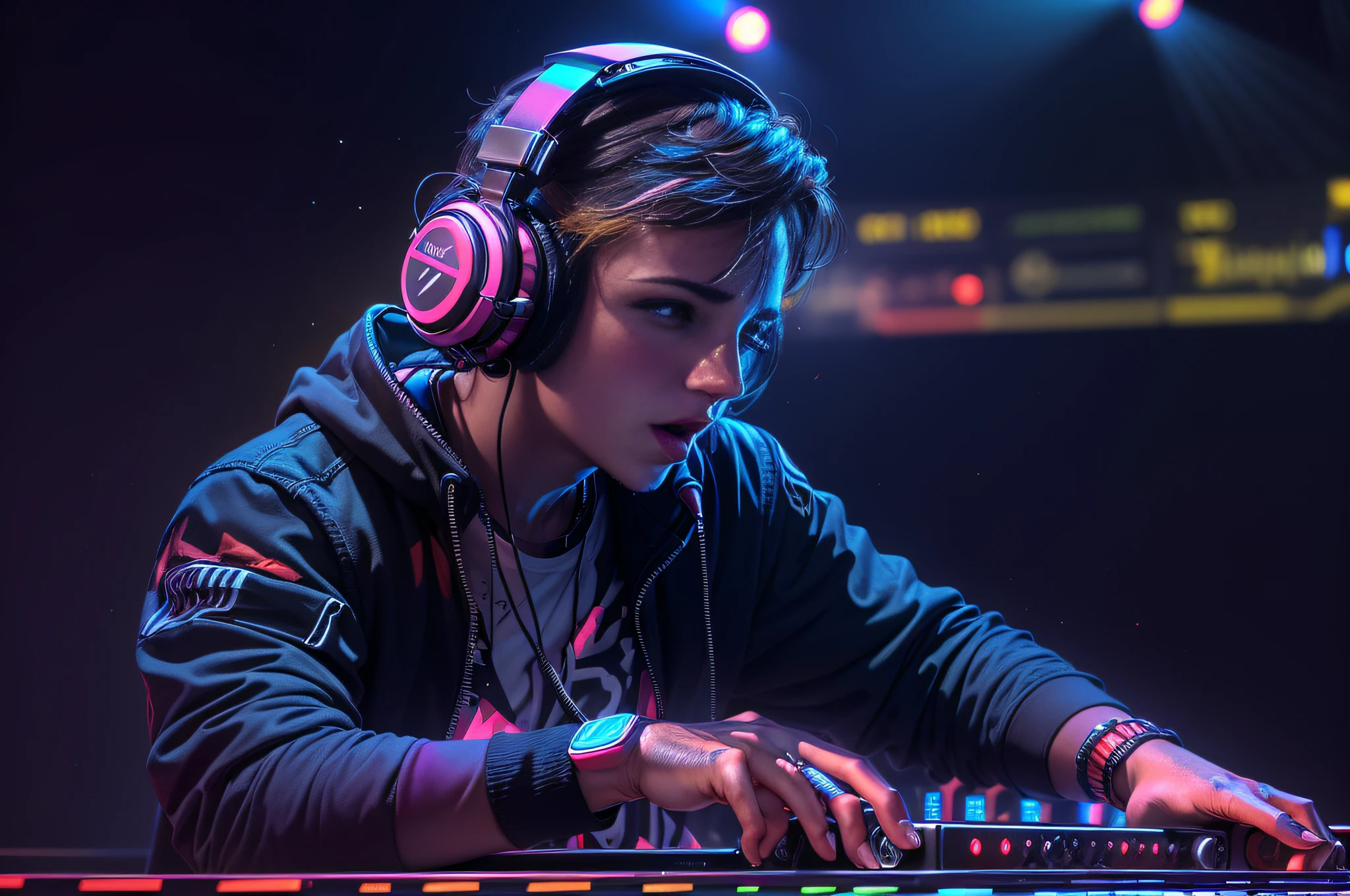 Upper body, (DJ with headphones and microphone: 1,4), mixing console, performing at a vibrant (music festival: 1,2) with (energy people: 1,1) and (stage lights colorful: 1.1),(cinematic lighting), RAW photo, 8K