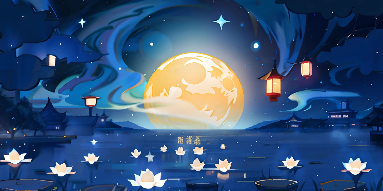 the night，Kongming Lantern，river water，em cor azul escuro，galactic，star ocean，themoon，Mid-Autumn Festival，Moon，Movie lighting，exquisitedetails