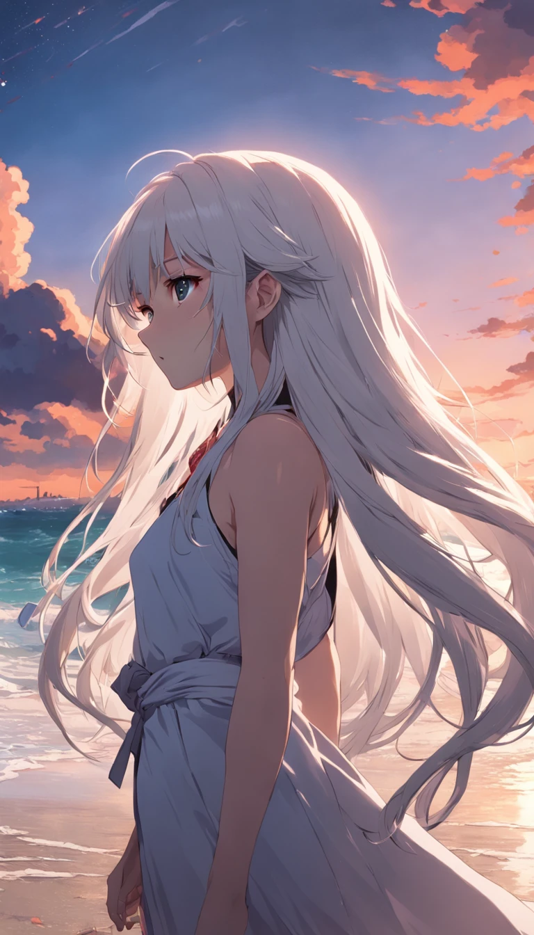 beach,look up,long white hair,dark