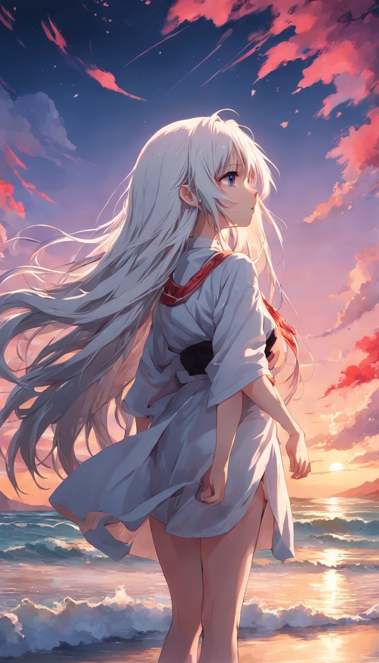 beach，look up，long white hair，dark